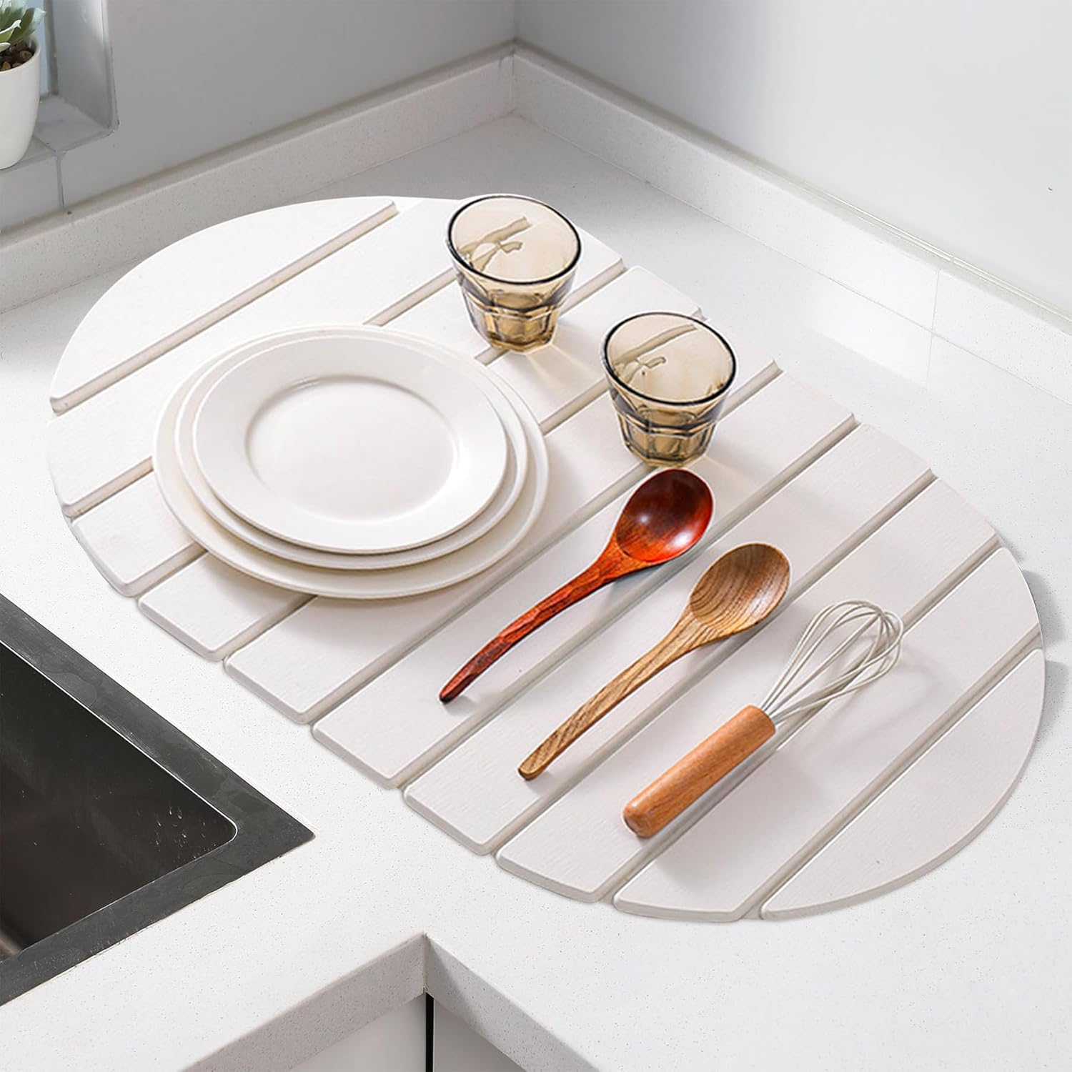 Diatomaceous Earth Dish Drying Mat, Fast Dry Stone Kitchen Counter Pad, Foldable Large Absorbent Dish Drying Stone Mat for Kitchen Dishes Bottles Cups Bathroom Any Countertop (White-Ellipse, 60X39Cm) - Grey image number 5