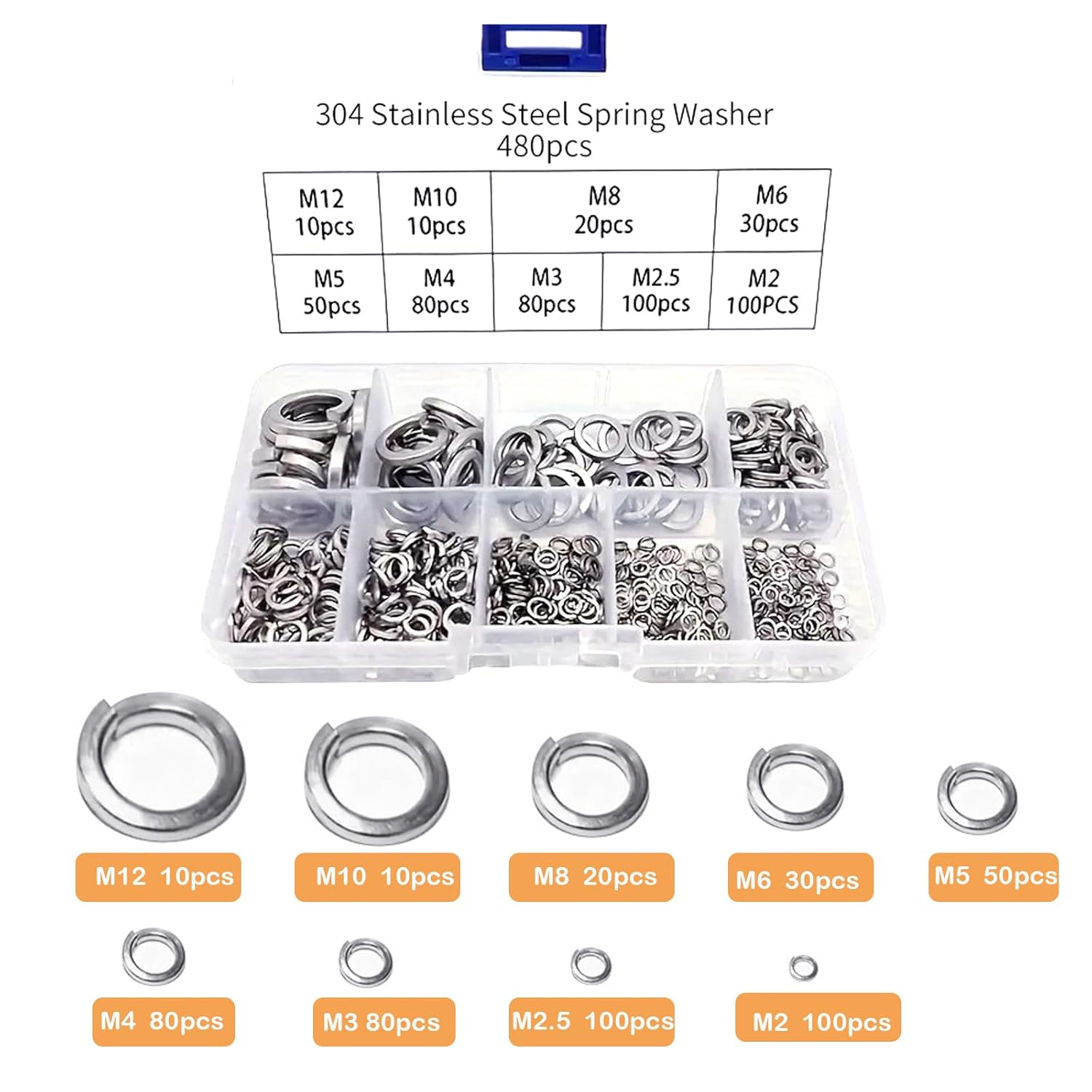 Ymaiss 480Pcs 304 Stainless Steel Spring Lock Washers Assortment Kit, 9 Sae&Metric Sizes Split Lock Washers Sets for Screws and Bolts M2 M2.5 M3 M4 M5 M6 M8 M10 M12 image number 1