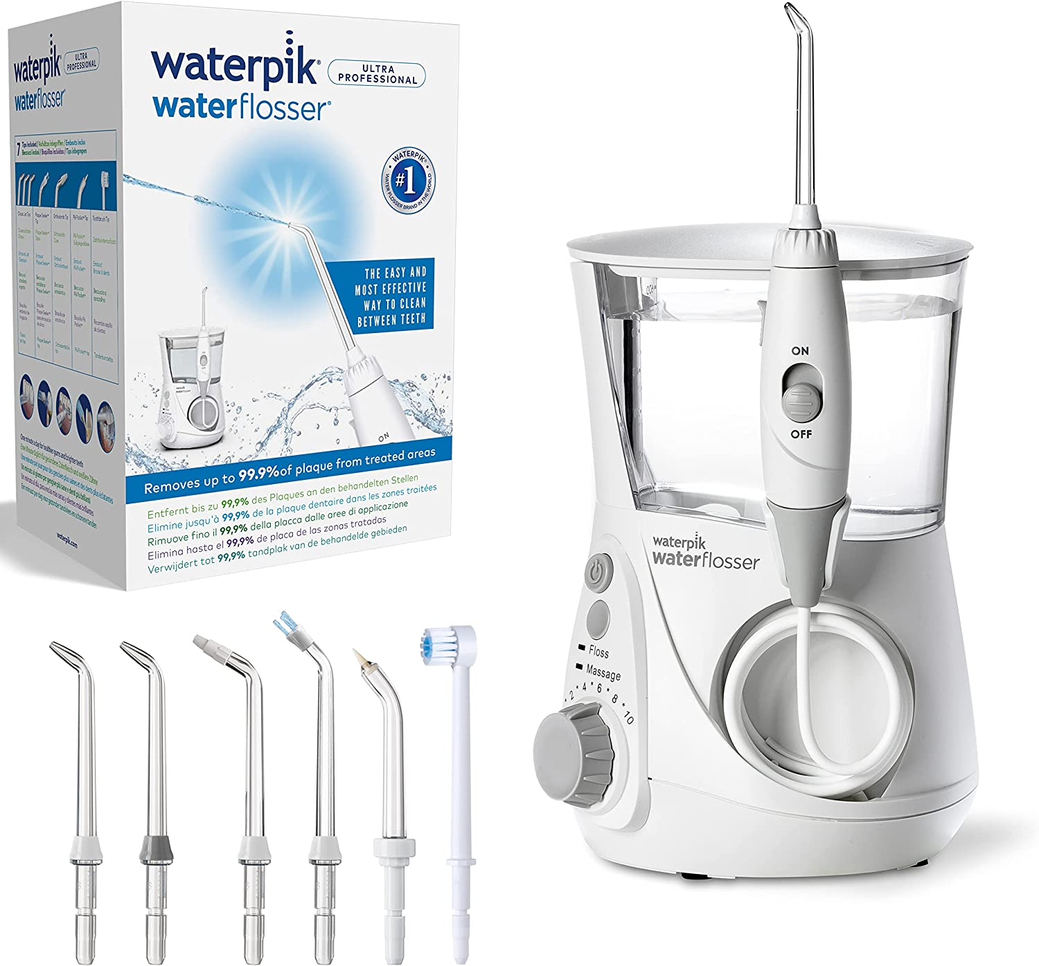 Waterpik Ultra Professional Waterflosser Fixed Oral Irrigator with 7 Attachments, Pressure Range from 0.7-7 Bar Adjustable via 10 Pressure Settings, Integrated Timer, White (WP-660EU)