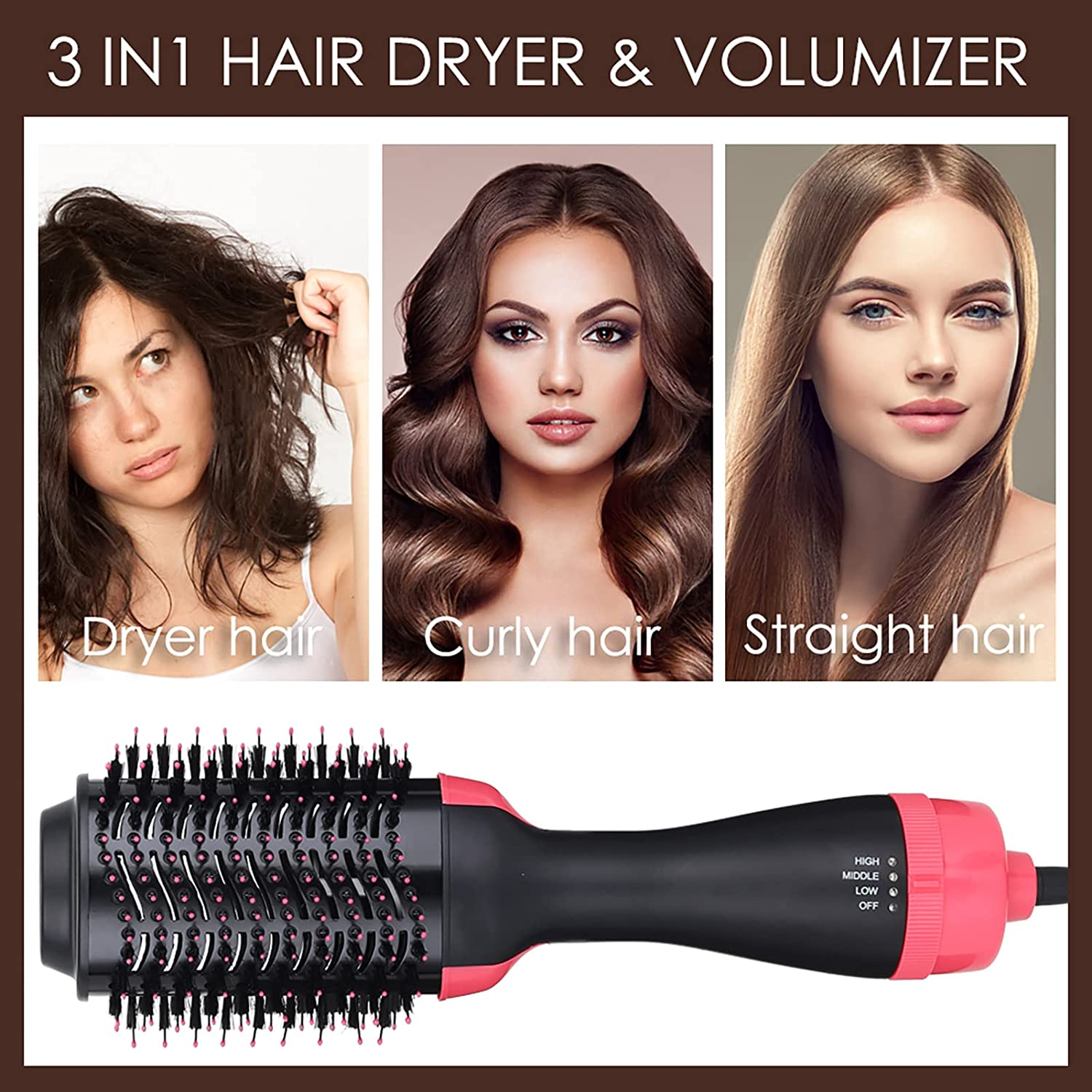 AU Plug One Step Hair Dryer and Volumizer, Mankami 3 in 1 Hot Air Brush Hair Dryer Brush Anti-Scald Negative Ion Hair Straightener Brush Comb Curler Styler for All Hair Types