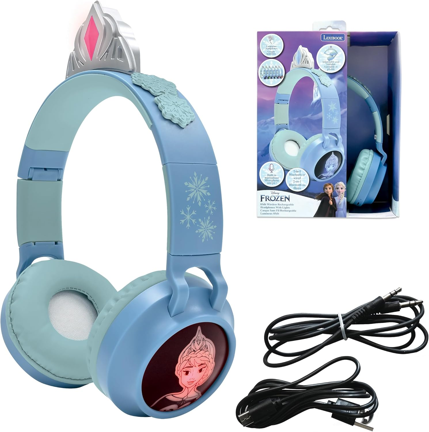 Lexibook, Frozen 2-1 Wireless Wired Headphones with Princess Tiara, High Sound Quality up to 85Db, Light Effects, Foldable, Adjustable, Rechargeable, HPBT015FZLXB image number 5