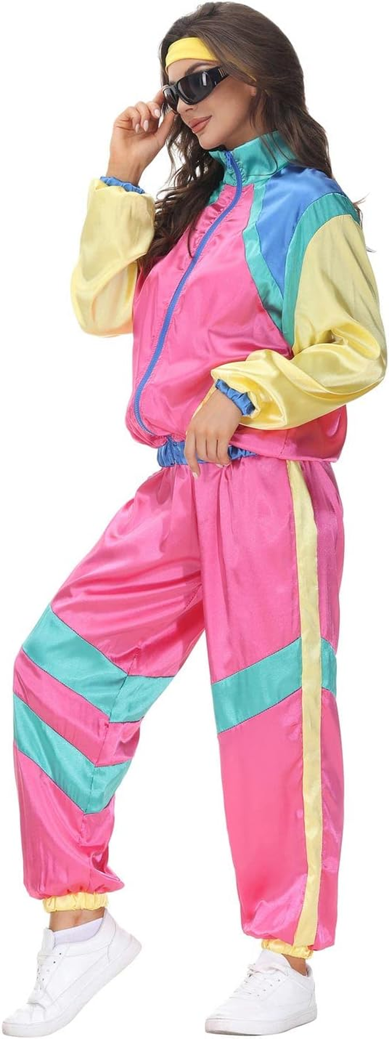 COREWO Womens 80S Tracksuit Retro Hip Hop Windbreaker Women Disco Tracksuit Sets Colorblock One Piece Outfits Set image number 5