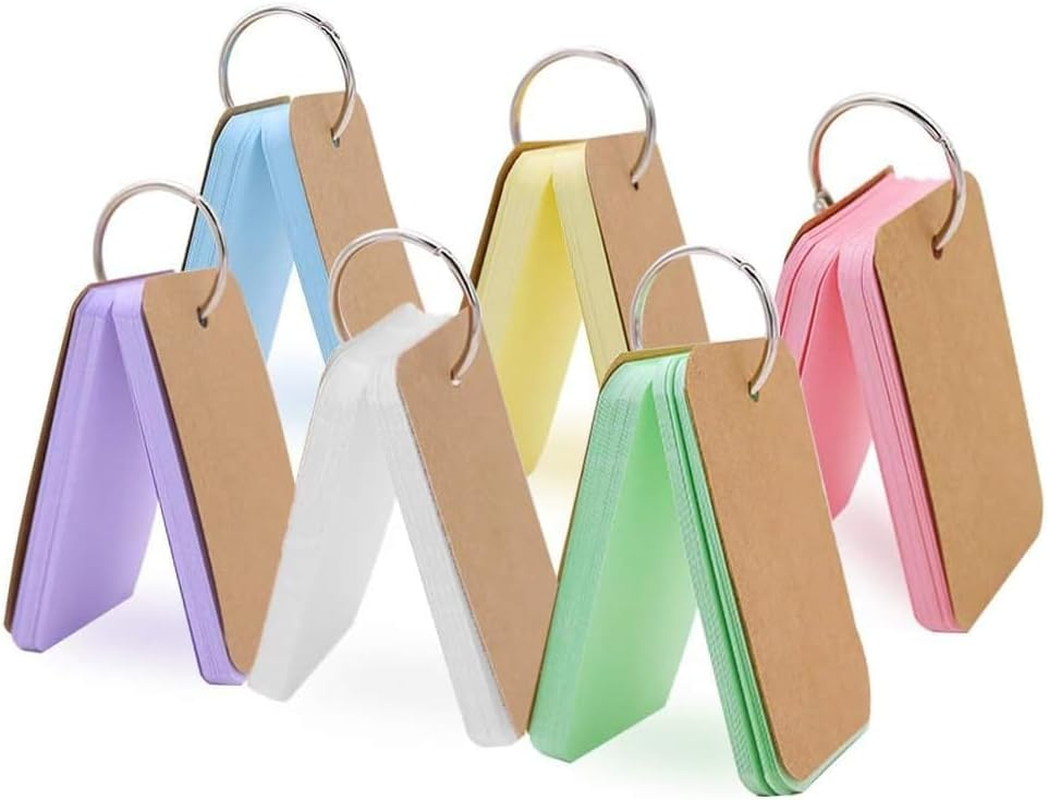 JUNART 300 Pcs Flash Cards with 6 Key Rings,5.4&times;9Cm 6 Colours Portable Blank Index Cards with Kraft Cover for Daily Notes,Scrapbook,Shopping List,Travelling