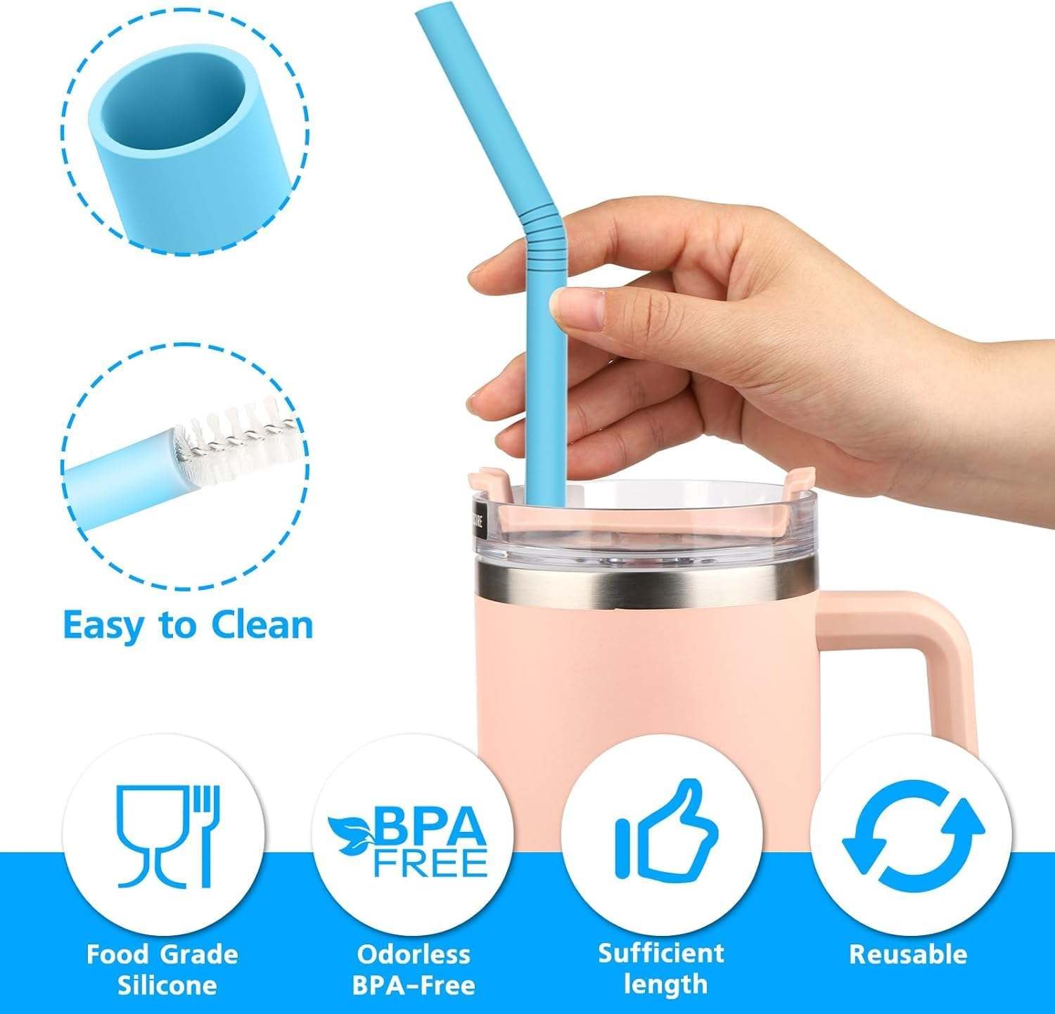 Silicone Straws for Stanley Cup Extra Long Replacement 6 Pack - Pastel Colour Reusable Drinking Straws with 2 Cleaning Brushes, Food Grade Soft Flexible Straws for 30Oz/40Oz Tumblers image number 4