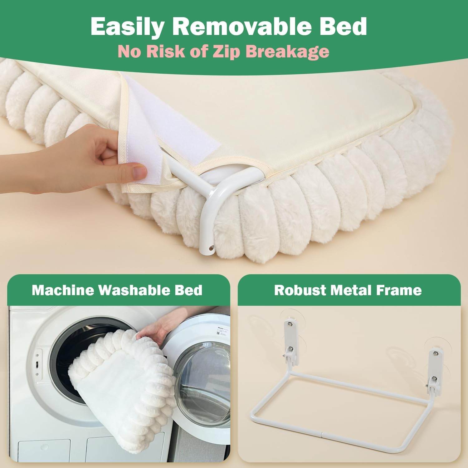 Cat Window Perch Hammock for Large Cats, Folding Bed with Heavy Duty Metal Frame Holds 40Lbs & 4 Strong Suction Cups, Removable Machine Washable, Cream White image number 3