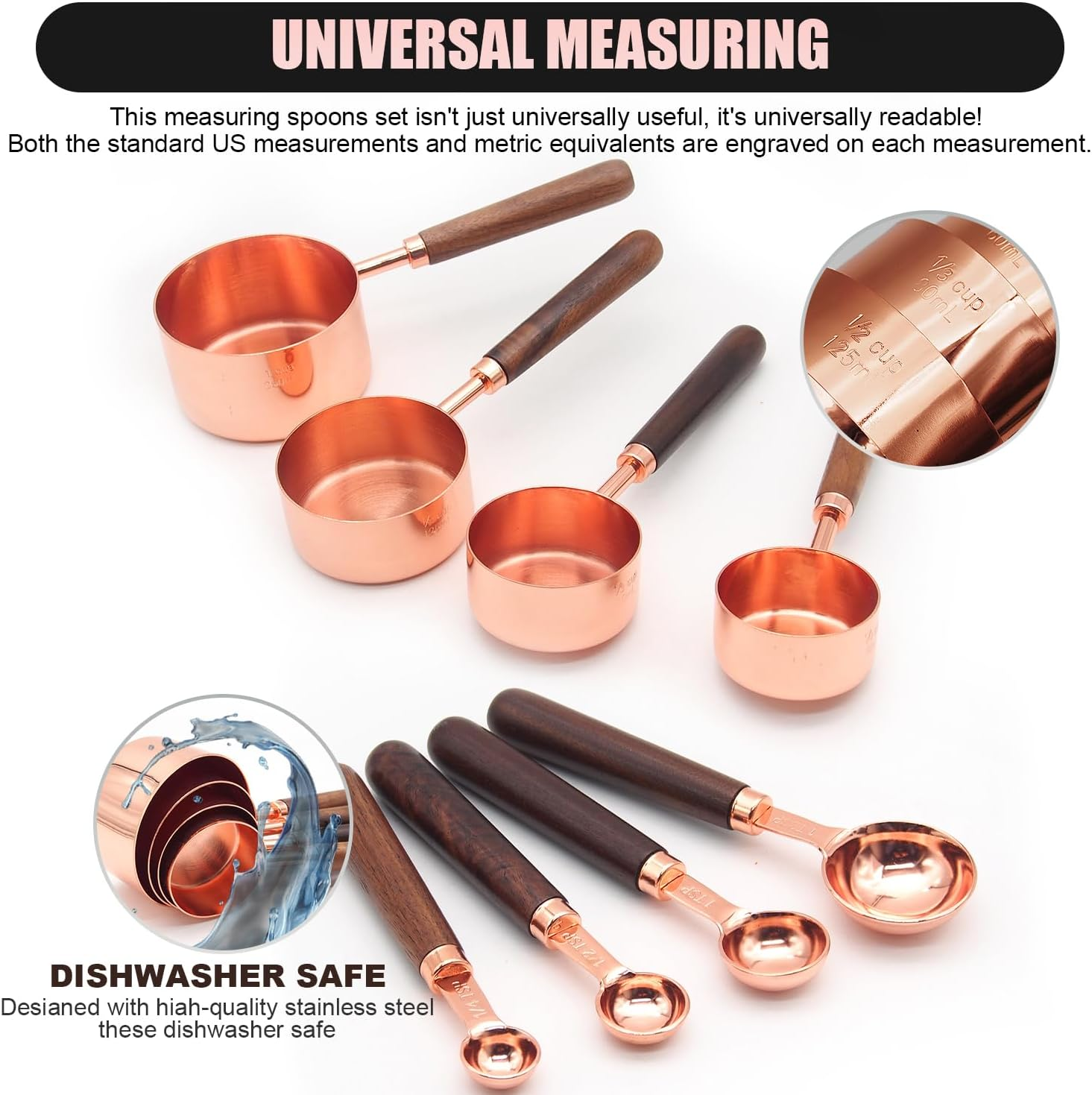 Gold Measuring Cups and Spoons Set with Wood Handles, Premium Stainless Steel Measuring Spoons and Measuring Cups Set (Set-Rose Gold) - Set-Gold image number 7
