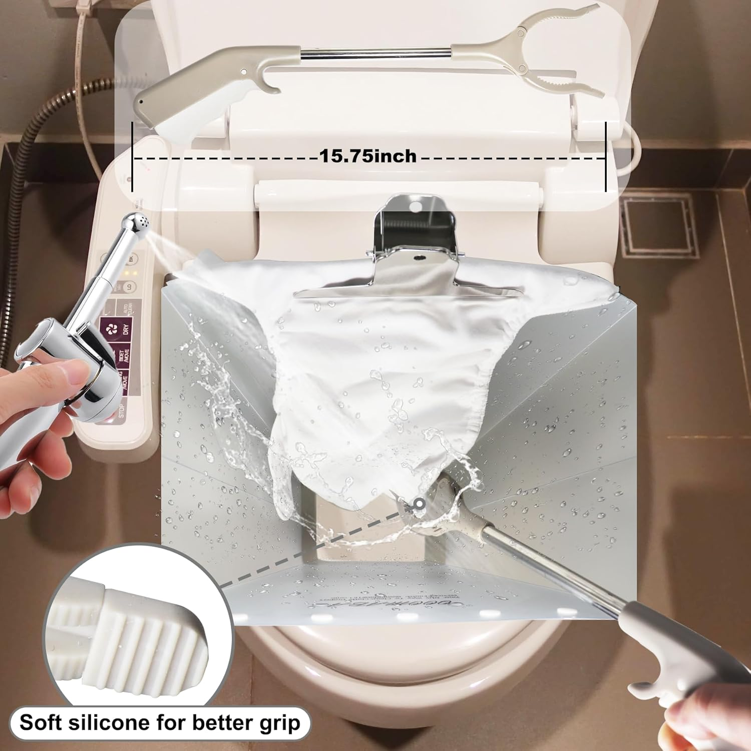 Cloth Diaper Sprayer Splatter Shield with Grabber Reacher Tool - Snap Design for Stability, One-Handed Rinsing, Perfect for Cloth Diapers, Dog Diapers, Lick Mats, Shoes, and More., Grey image number 3