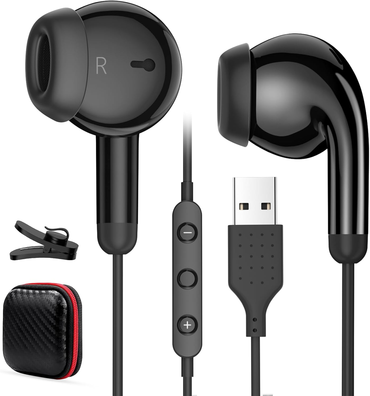 USB In-Ear Headphones for PC Mac Laptop PS4 PS5 Headset with Microphone and In-Line Control Noise Reduction Clarity USB Headphones with Cable for Switch Gaming Office Business Online Meetings Black