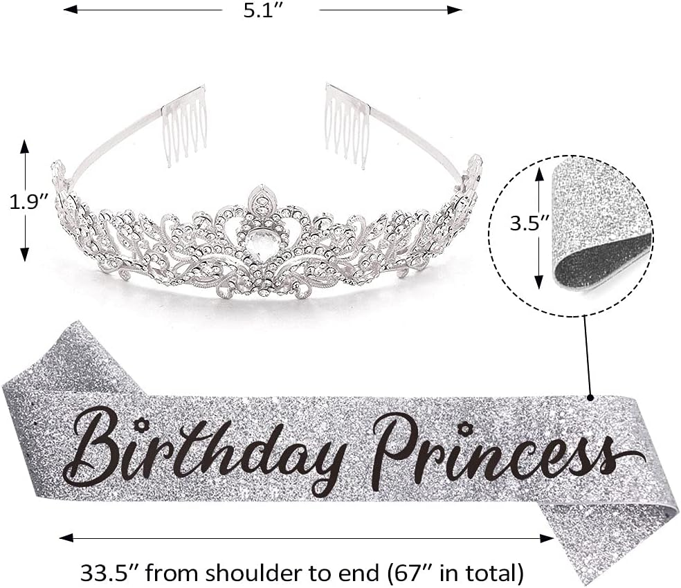 "Birthday Princess"Sash and Rhinestone Crown Set - Glitter Silver Fabric with Black Foil Letters Birthday Sash for Girl + Rhinestone Crown Set Birthday Party Gifts Birthday Party Supplies image number 6