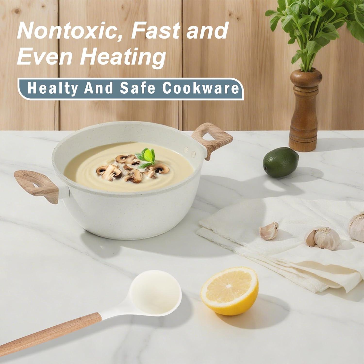 SHEUMNT 11Pcs Pots and Pans Set, Nonstick Cookware Sets, White Granite Induction Cookware Non Stick Cooking Set W/Frying Pans & Saucepans image number 6