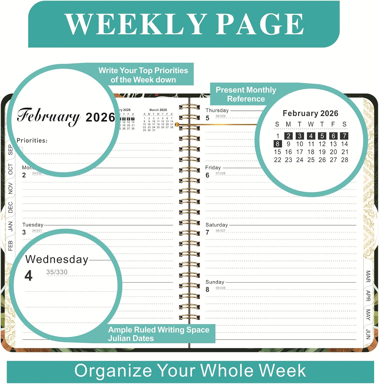 2025-2026 Daily Planner - Weekly Monthly Planner 2025-2026 from July 2025 to June, 8.5" X 6.2" Student Planner, School, Colorful,Romantic Flower image number 2