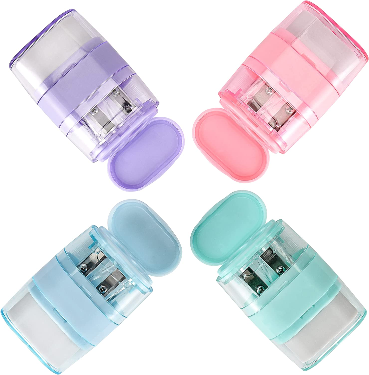 4 PCS Manual Pencil Sharpener with Eraser, Double Hole Multicolored Sharpener with Eraser Fun Stationery Back to School Supplies, Classroom Rewards, and Birthday Party Favors image number 2