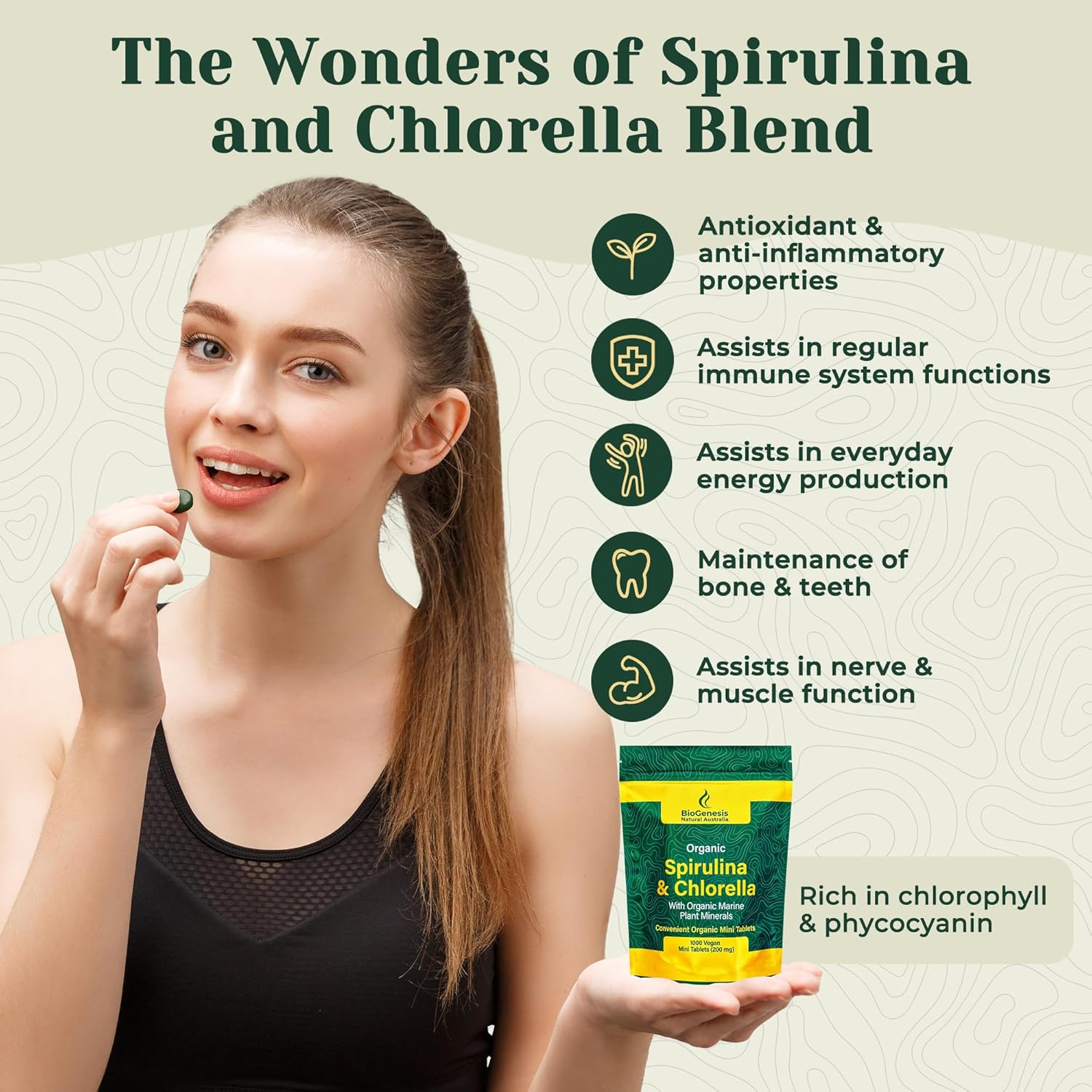 Biogenesis Spirulina & Chlorella Mini Tablets Australia | Organic Marine & Plant Animals | 1000 Vegan Mini Tablets (200Mg image number 1