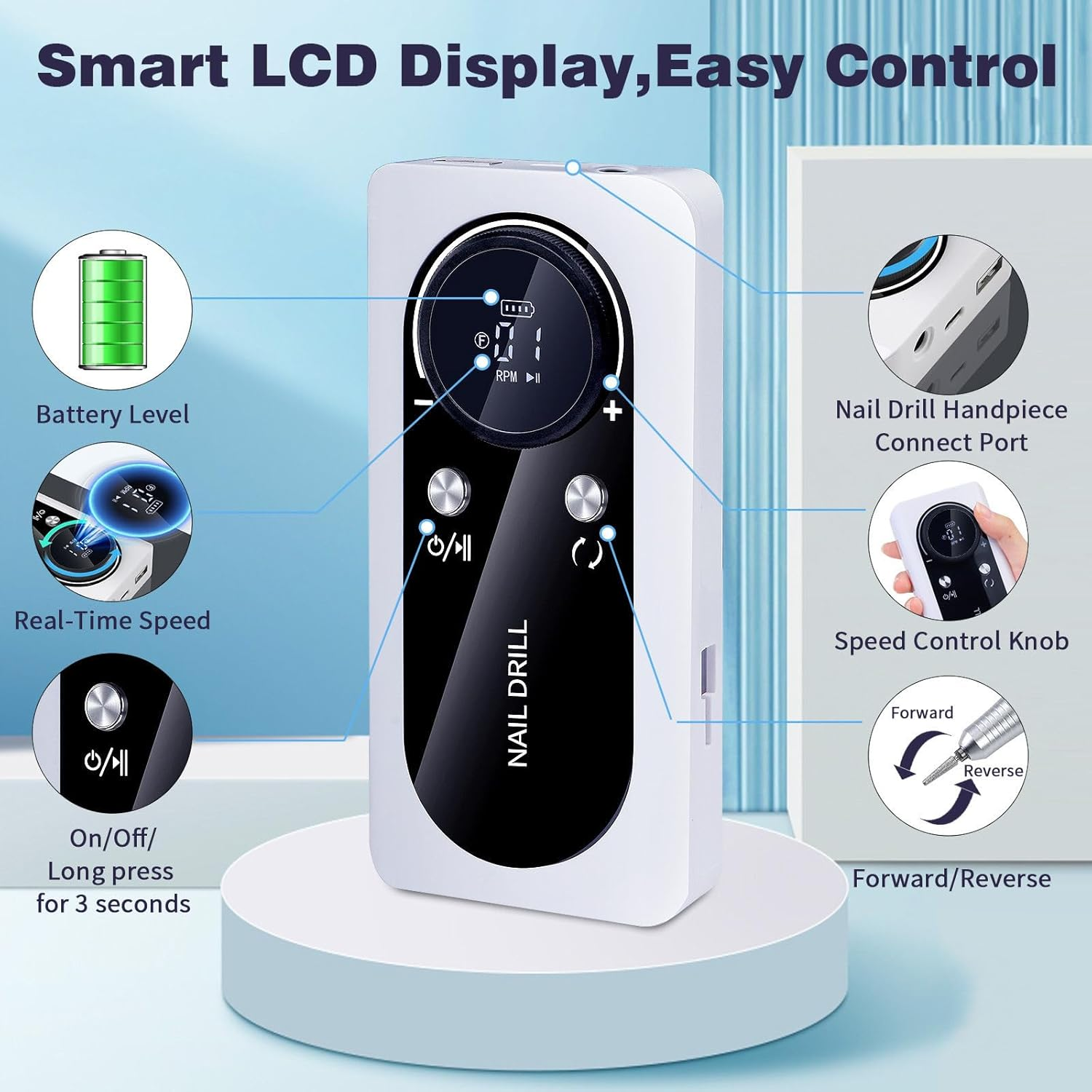 Cordless Nail Drill Machine,45000 RPM Rechargeable Portable Nail File Kit for Acrylic, Gel Nails, Manicure (Purple) image number 4