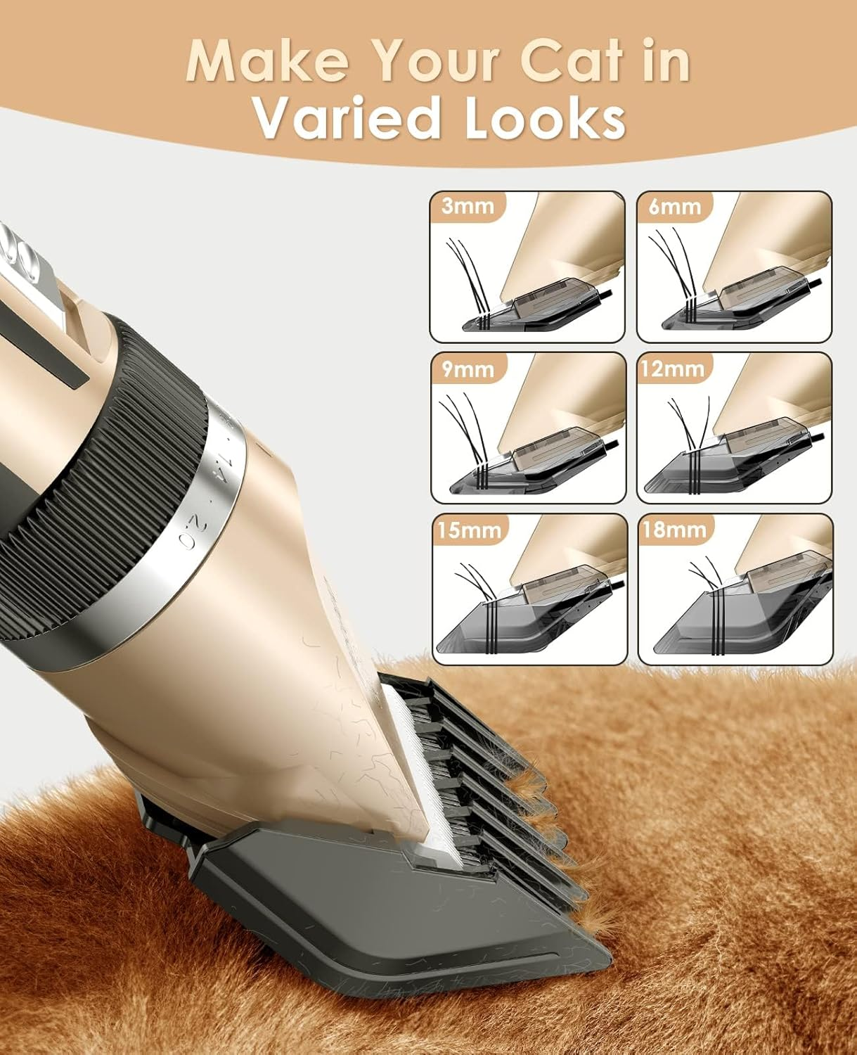 Oneisall Quiet Clipper, Cat, Dogs, Professional Hair Trimmer for Long Hair Cats with Thick Fur, Dog Clipper, Cat Shaver with Powerful Motor (Gold)