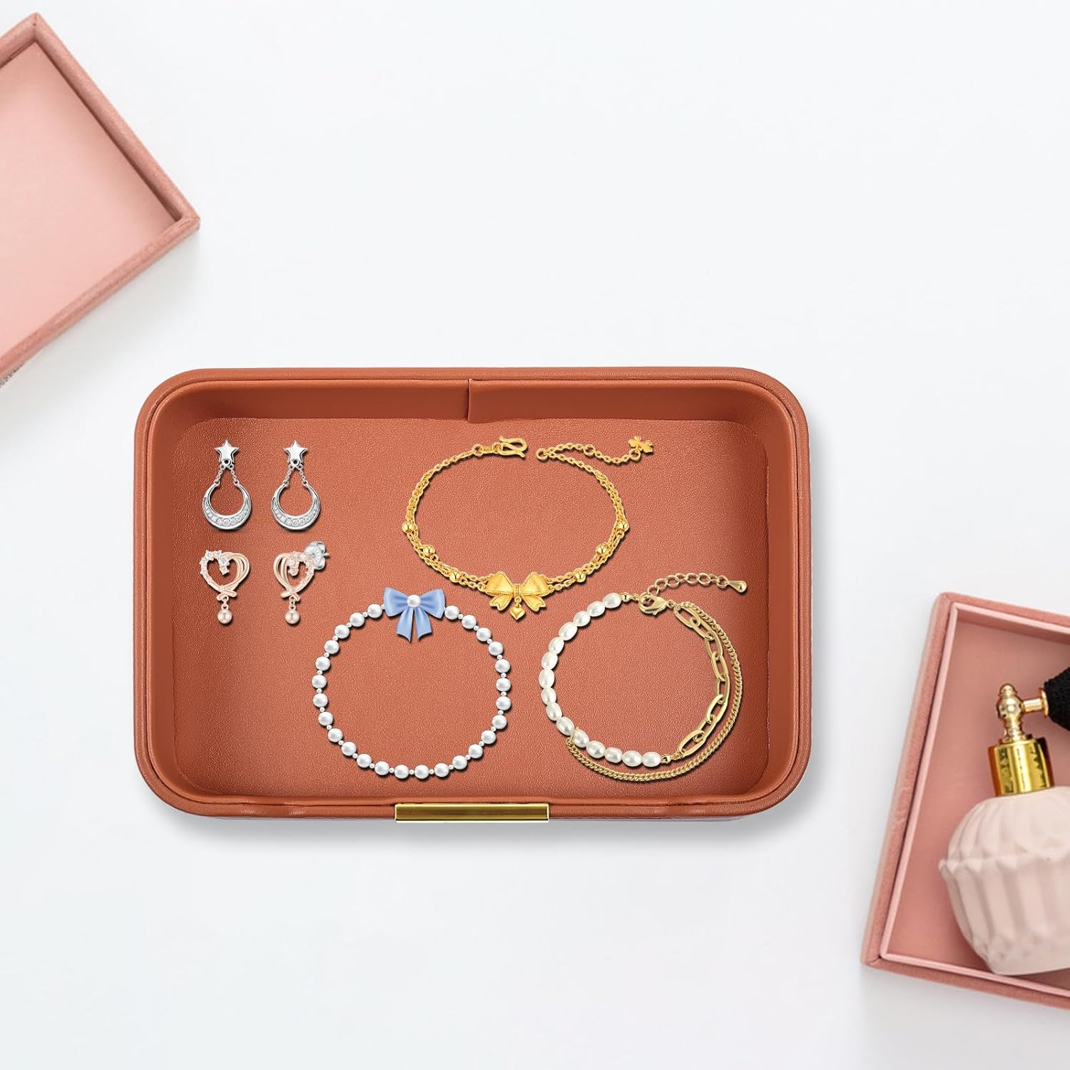 RHCSZ Leather Desktop Storage,Small Catchall Organizer,Luxury Decorative Tray,For Entryway Table to Hold Jewelry,Watch,Keys,Phone,Wallet,Orange, Hardware Tray-01 image number 4