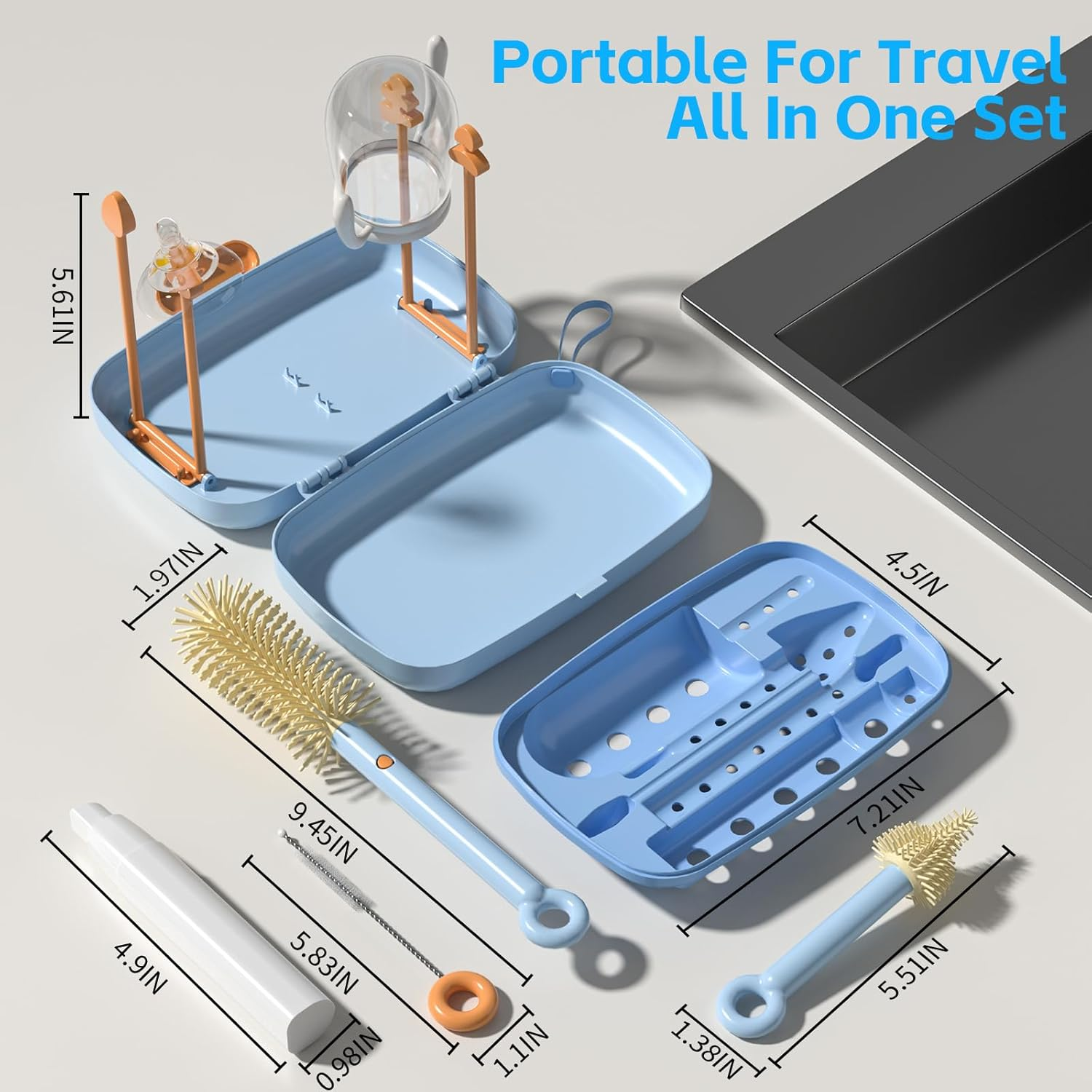 7 in 1 Baby Bottle Cleaner Set with Drying Rack, Draining Tray, Detachable Brushes for Bottles, Nipples, Straws, Soap Dispenser, Ideal Travel Gifts - Blue image number 2