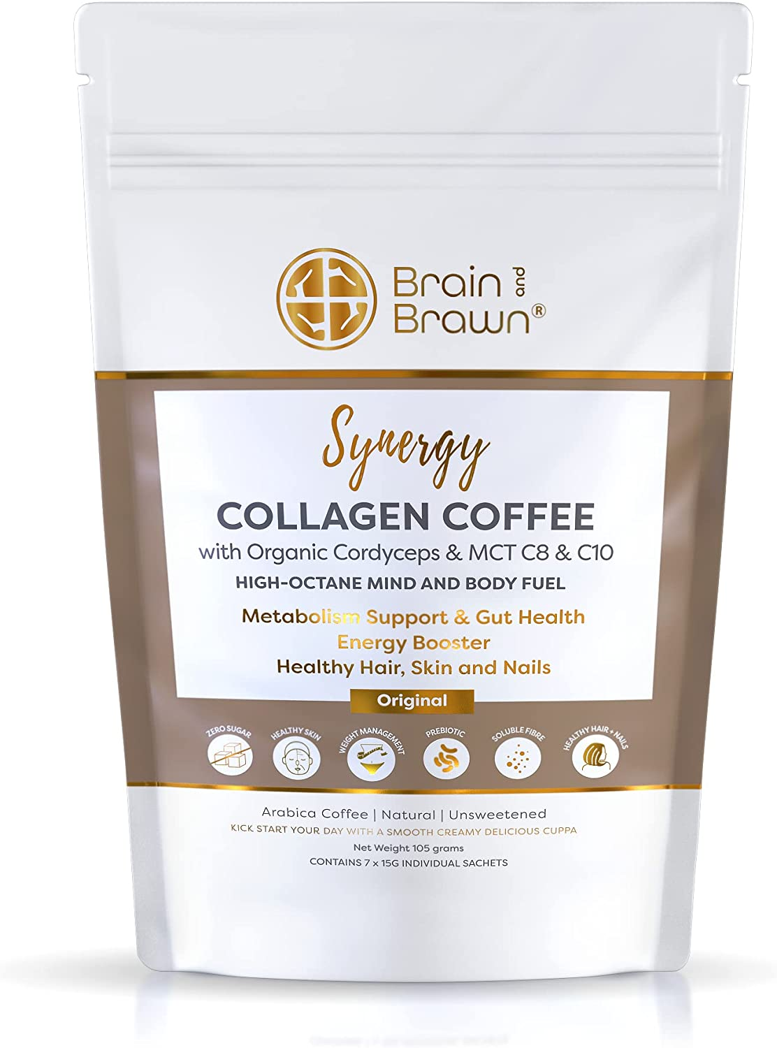 Synergy Collagen Coffee (7 X 15G Sachet) with Organic Cordyceps and Collagen Peptides for Skin, Hair and Nail Health, MCT Oil, Organic Cordyceps and Acacia Fibre, 100% Arabica Coffee, Unsweetened, All-In-One Beauty Coffee 105G (7 Serves) image number 1