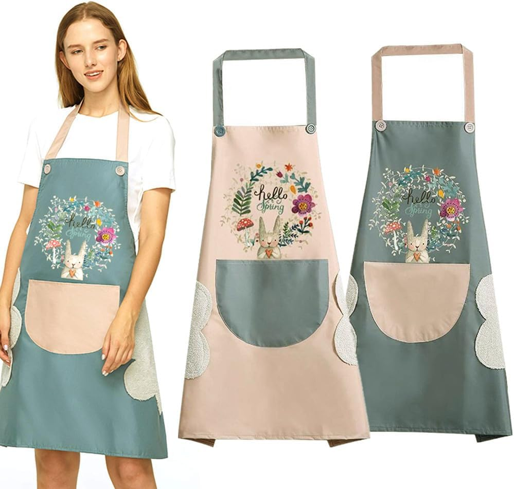2 PCS Kitchen Apron, Waterproof Kitchen Apron with Hand Wipe, Adjustable Chef Aprons for Kitchen, Cooking, Baking, BBQ, Grill