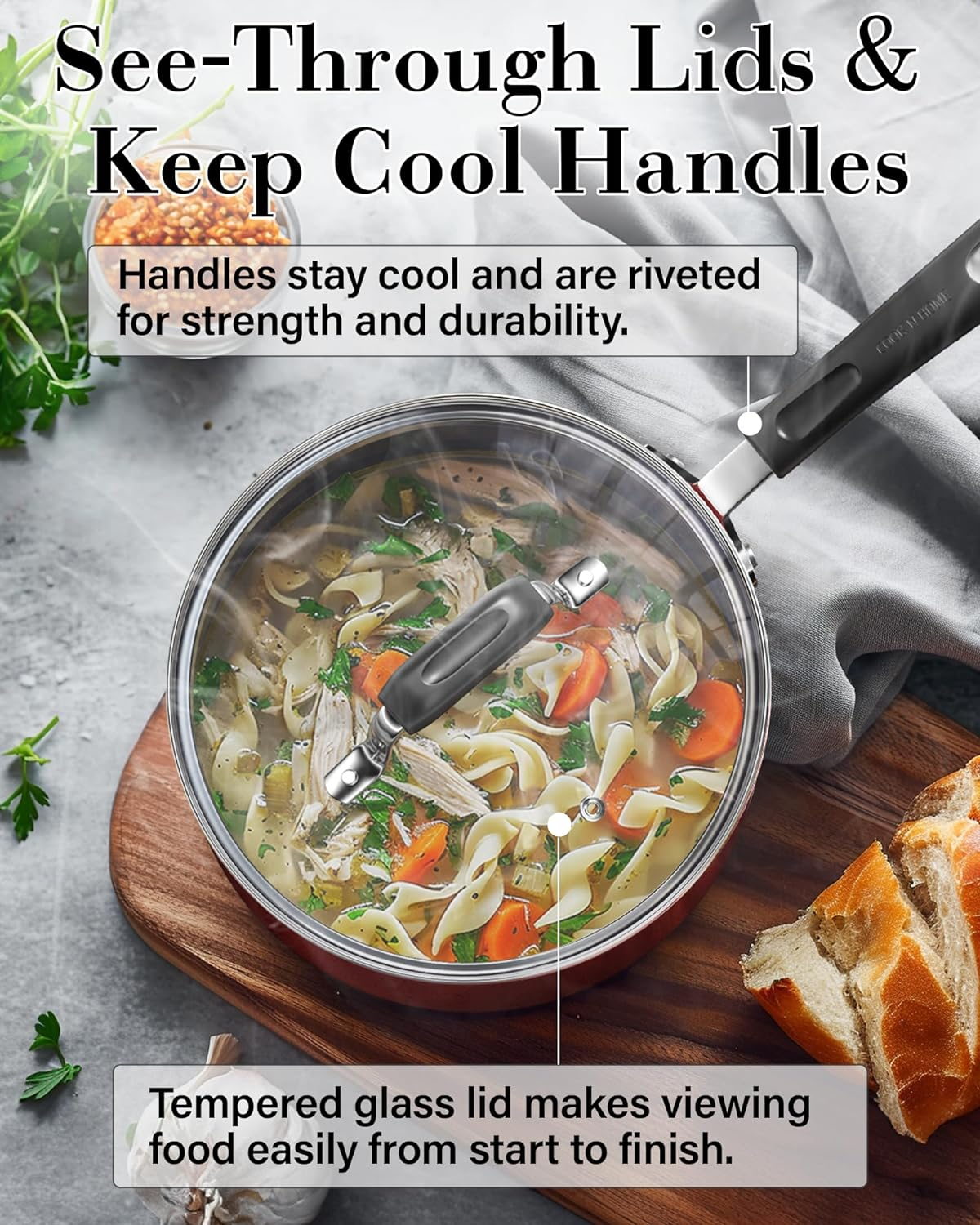 Cook N Home Pots and Pans Nonstick Cookware Set 12-Piece, Kitchen Cooking Set with Frying Pans and Saucepans, Induction Compatible, Marble Red - Turquoise image number 7