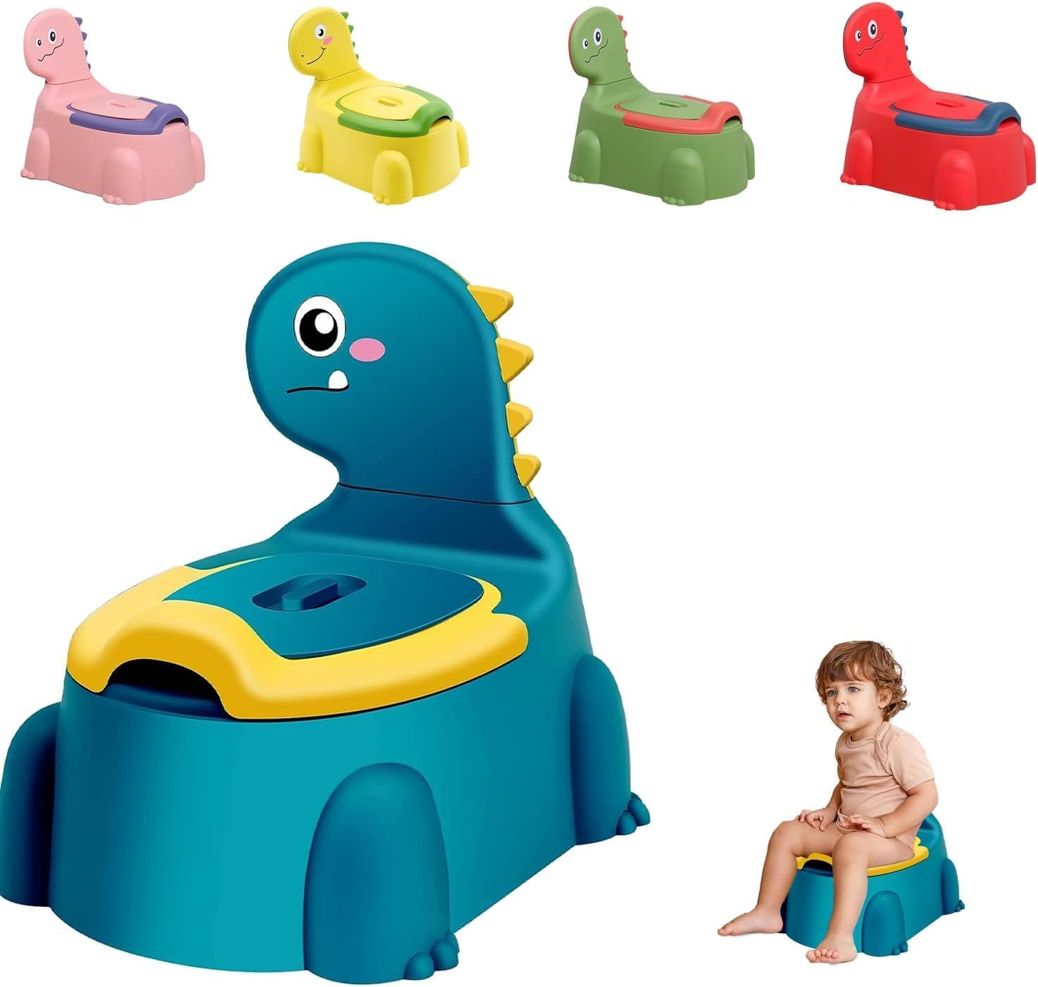 Dinosaur Potty Training Seat - Comfortable Toddler Potty Toilet Seat with Non-Slip Mat, Backrest & Soft Lid, Portable Potty Training Chair for Boys & Girls 1-6 Years (Lime Green)