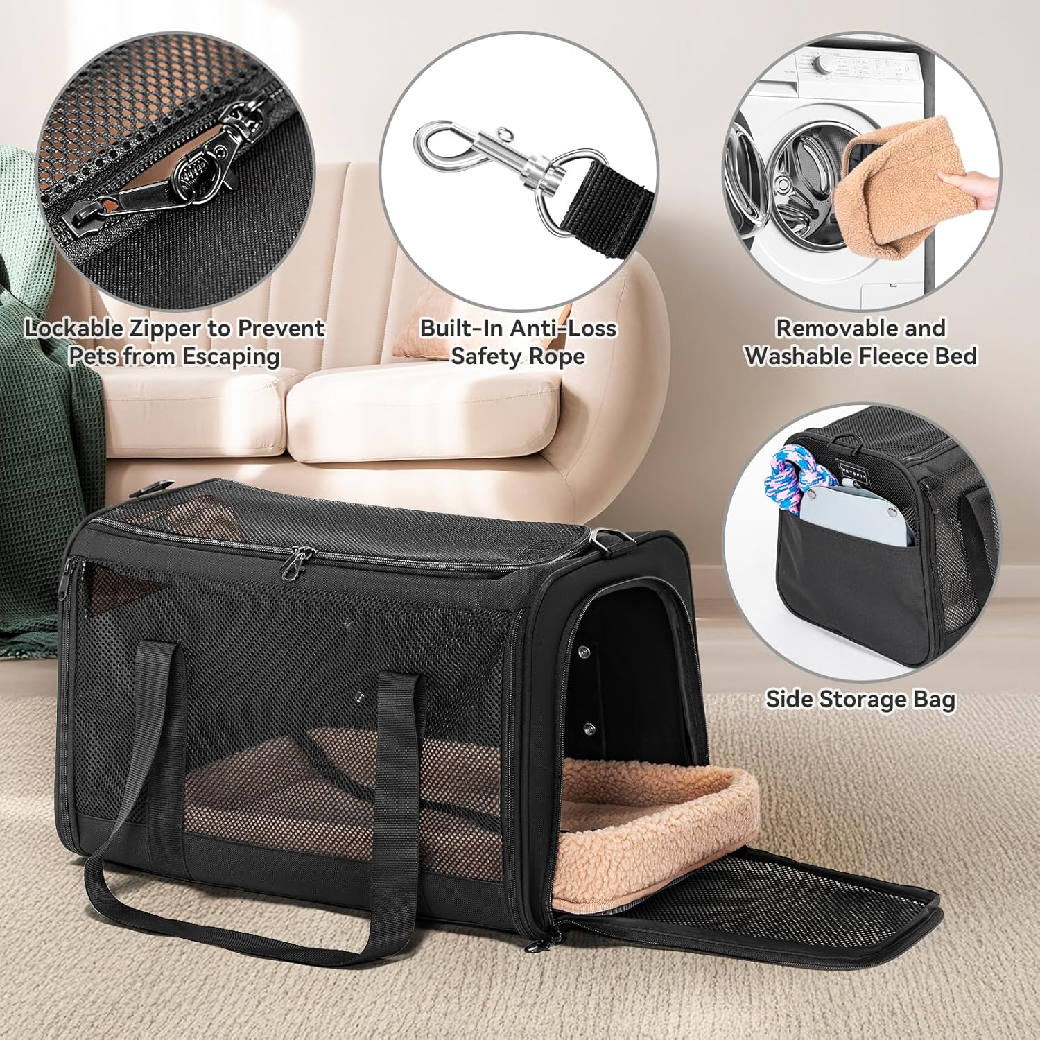 Petsfit Pet Carrier (Greatly Improved Stability) Carry Bag, for Cats, Puppies, Small Dogs, Rabbits, Foldable, Breathable, for Car Riding, Prevents Shape Shape, for Cars, Driving, Hospitalization, - Black image number 5
