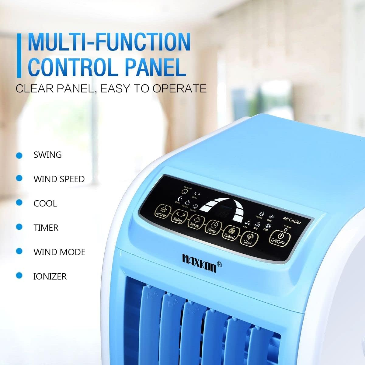 Maxkon 3In1 Evaporative Air Cooler, 7L Water Tank Quiet Fan, Purifier Humidifier Portable Cooling Fan,3 Modes Blue