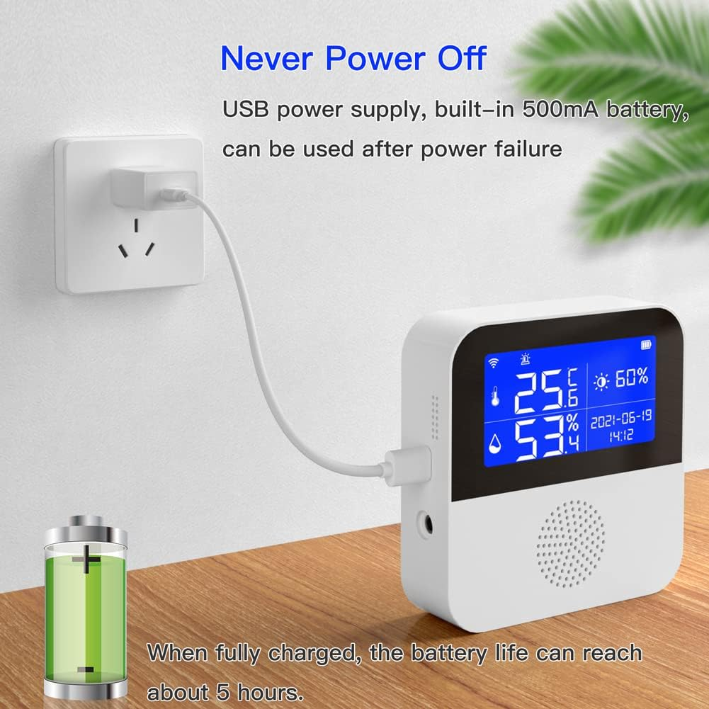 Tuya Wifi Intelligent Temperature Humidity Sensors Intelligent Home Desktop Office Hotel Multi-Function Temperature Humidity Sensors 2.9 Inch with Backlight LCD Display Time Date Display Mob QUKAN image number 5