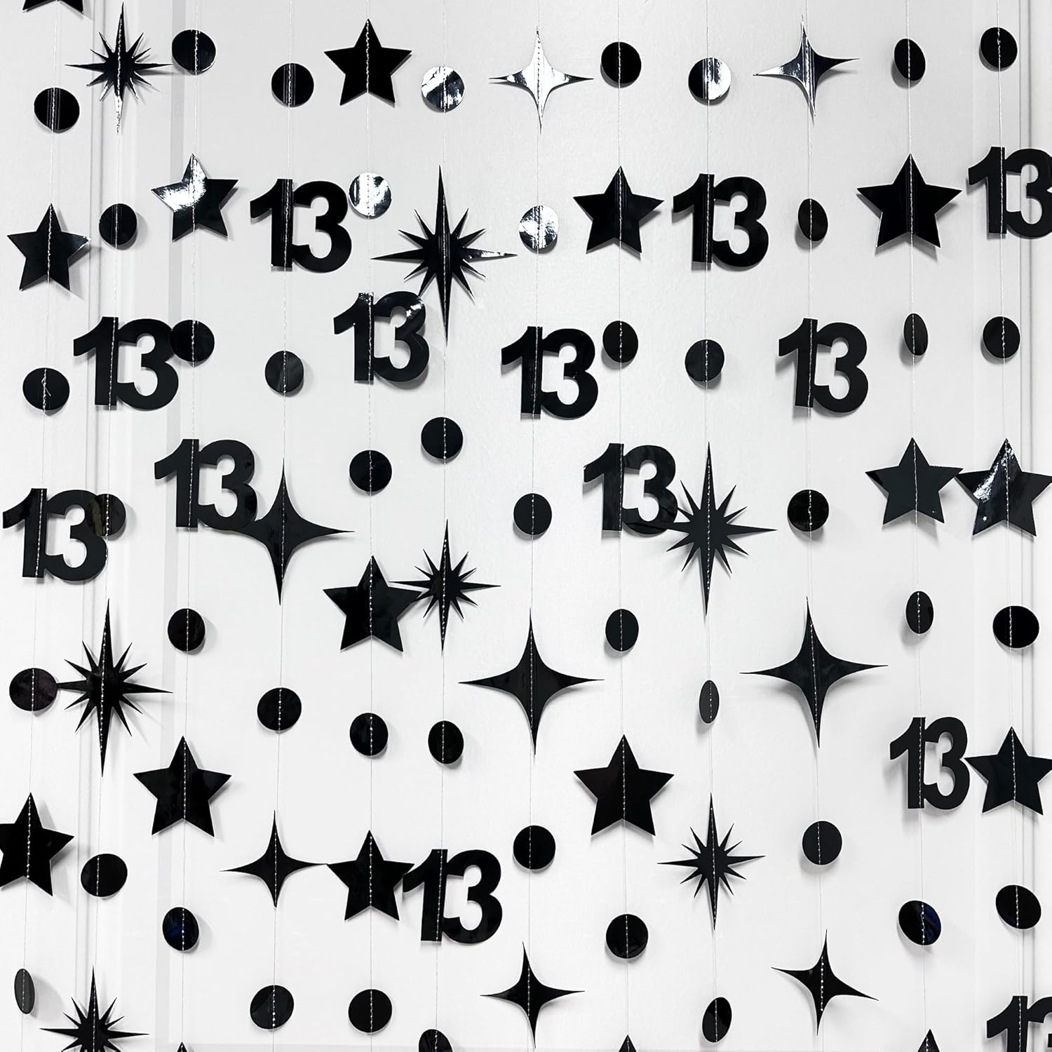 Black 13Th Polka Dot Star Garland Streamer Metallic Paper Black 13 Sign Hanging Bunting Banner for Boy Official Teenager Thirteen Birthday Happy 13 Years Old 13Th Anniversary Party Decoration Supplies image number 1