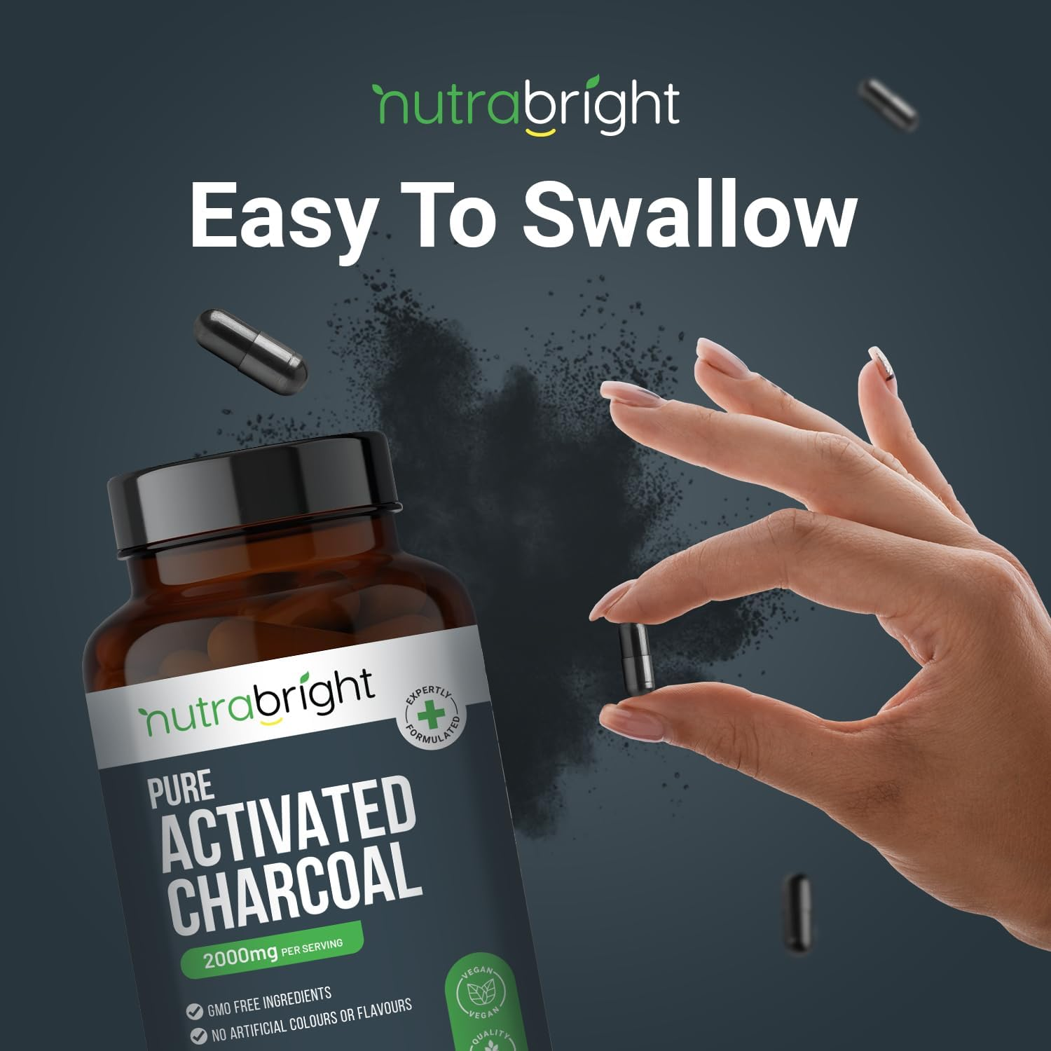 Activated Charcoal Capsules 2000Mg &ndash; 200 High Strength Capsules - 100% Pure Charcoal from Coconut Shells | No Added Filler and Blinder | GMO Free by Nutrabright