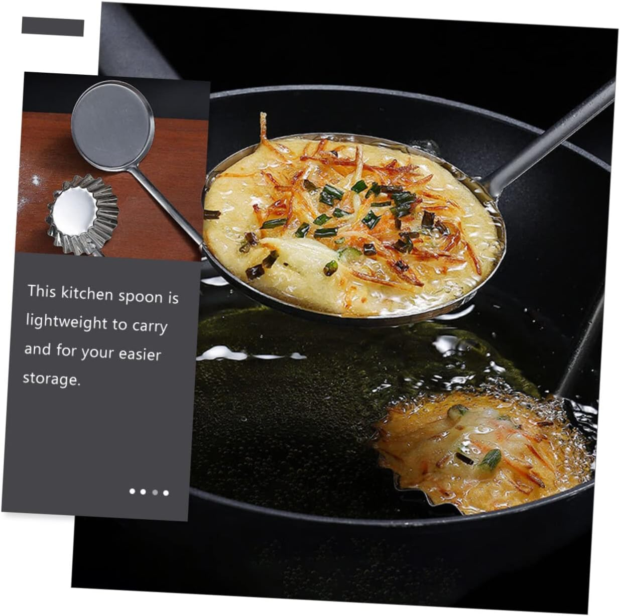 STOBAZA Flat Frying Spoon Stainless Steel with Long Wooden Handle, Small round Edge Oil Dumpling Mold Tool for Home Cooking and Deep Frying, Heat Resistant Kitchen Utensil for Pancakes and Pastries image number 4