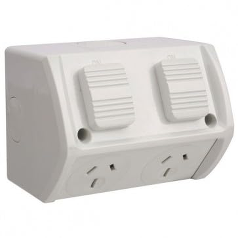 Tradesave GPO Switched Outlet Weatherproof Surface Mount 2 Gang 10A 250V IP53 Grey