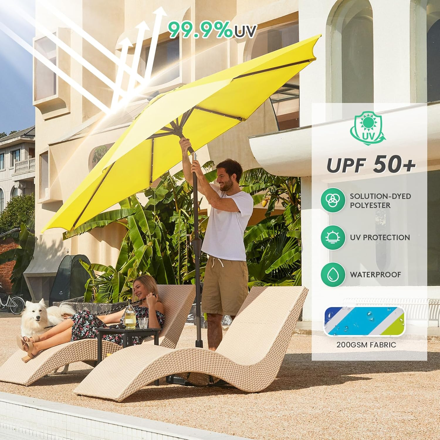 JEAREY Upgrade 9FT LED Lighted Patio Umbrella, Solar Outdoor Umbrella, Tilt Table Umbrella for Pool, Deck & Yard(Yellow) image number 1