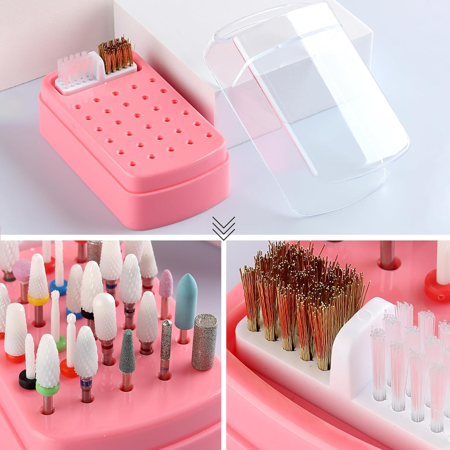 Fspronail Nail Bit Holder & Nail Drill Bit Cleaner 2 in 1, 30 Holes Nail Drill Holder Organizer Nail Bit Brush Cleaner Drill Bit Holder for Nails Dustproof Stand Displayer Storage Box Tools image number 4