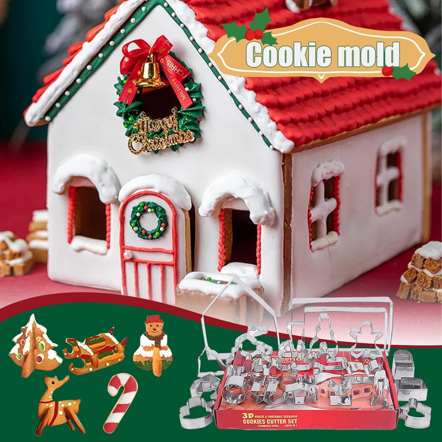 Gingerbread House Cookie Cutter, Cartoon Cookie Shapes for Winter Holiday - Cartoon Festival Cookie Molds Kitchen Baking Tool for Winter Christmas Home Party Supply Jeciy-Au image number 2