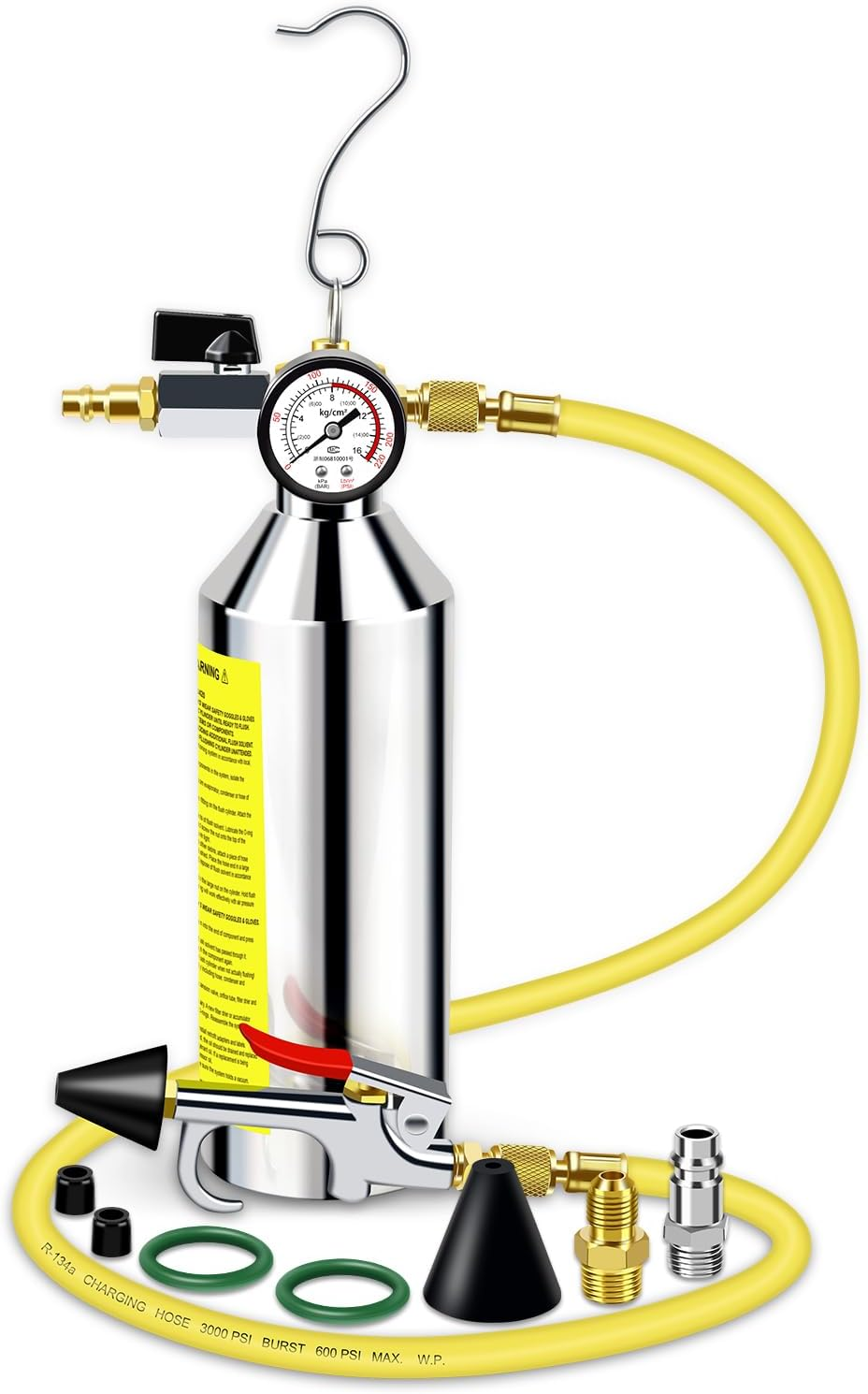 AC Flush Kit, Automotive Air Conditioner System Clean Canister Flushing Gun Tool Set for Cleaning Auto R134A R404A R410A HVAC Hose Condenser Evaporator, with 220PSI Gauge Air Plug Fittings image number 2
