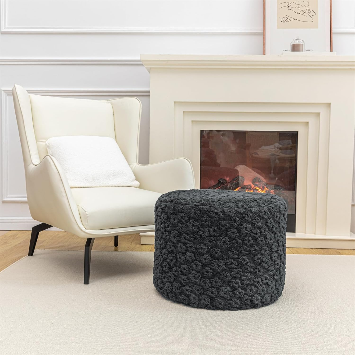Stuffed Pouf Ottoman Comfy Floral Ottoman Foot Rest for Living Room Bedroom Kids Room Charm Floor Pouf for Home Decor Full Foam Filling Foot Rest for Couch (Dark Gray) - Light Gray image number 5