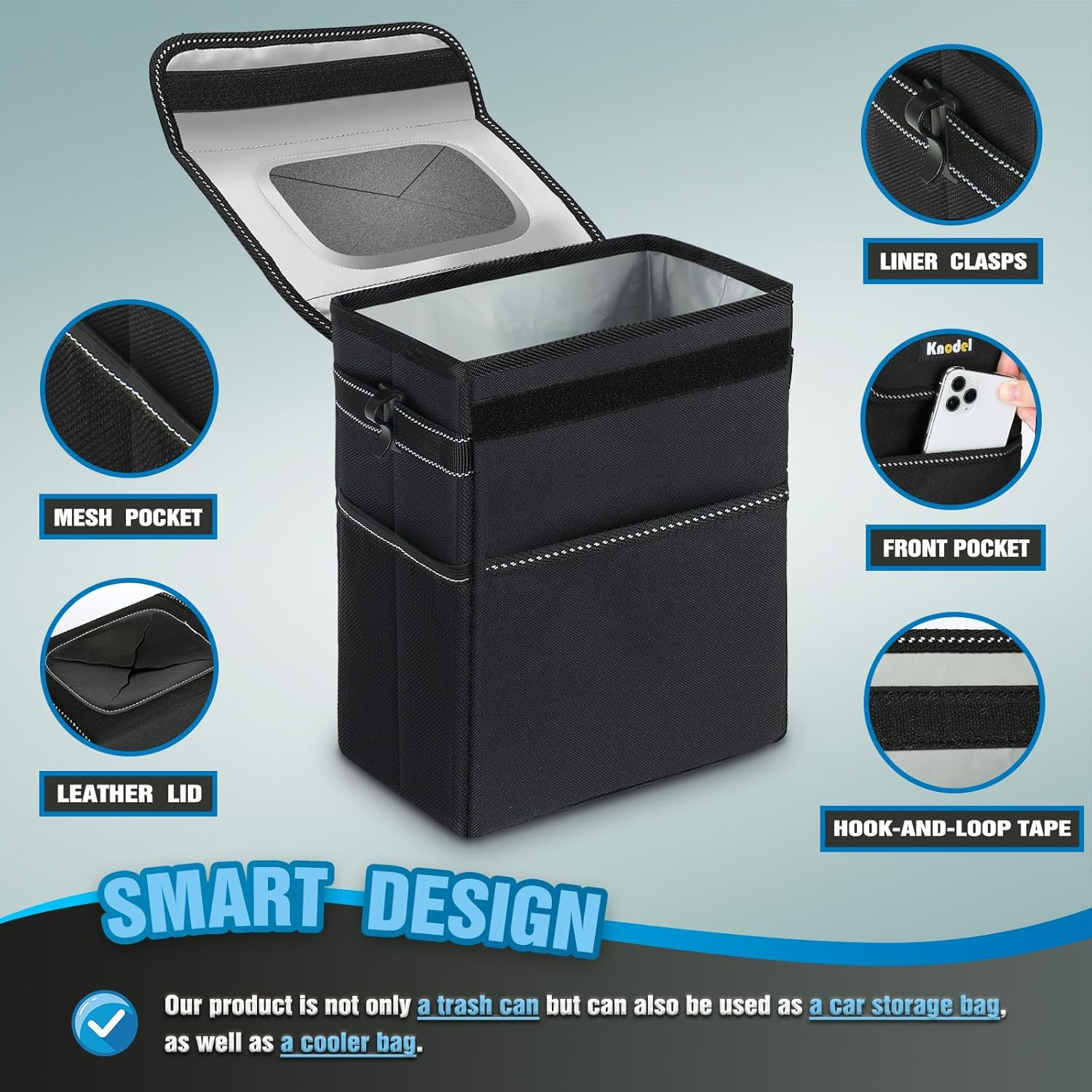 K KNODEL Car Trash Can, Waterproof Car Bin with Lid, Auto Garbage Bag Hanging, Leak-Proof Car Storage Bag (Black, Large) image number 6