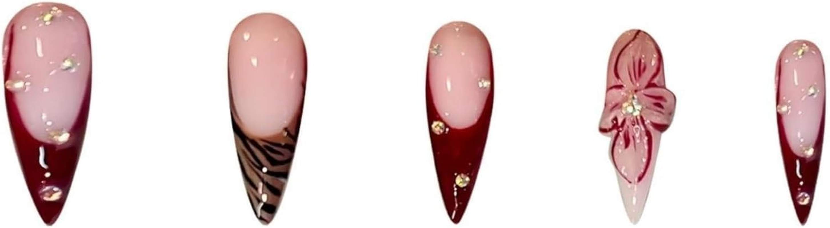 24Pcs Long Press on Nails Stiletto French Brown Pink Flowers Handmade False Nails with Leopard Print image number 1