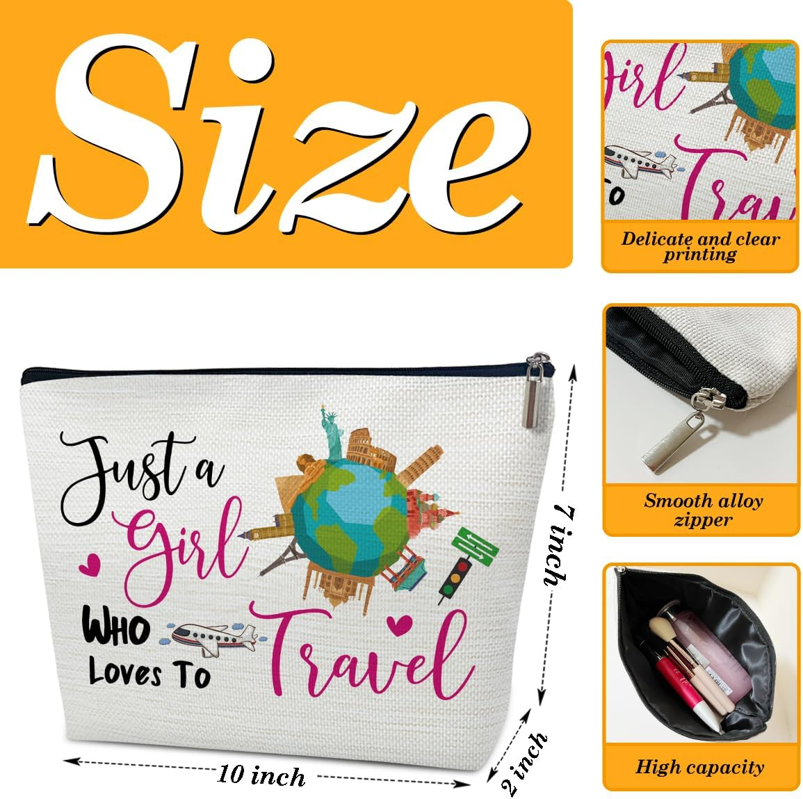 Ythuil Just a Girl Who Loves to Travel Makeup Bag, Travel Gifts for Women Female Her Girlfriend Best Friend Lover, Girls Trip Gifts Favors, Small Cosmetic Bag for Purse, Colorful image number 4