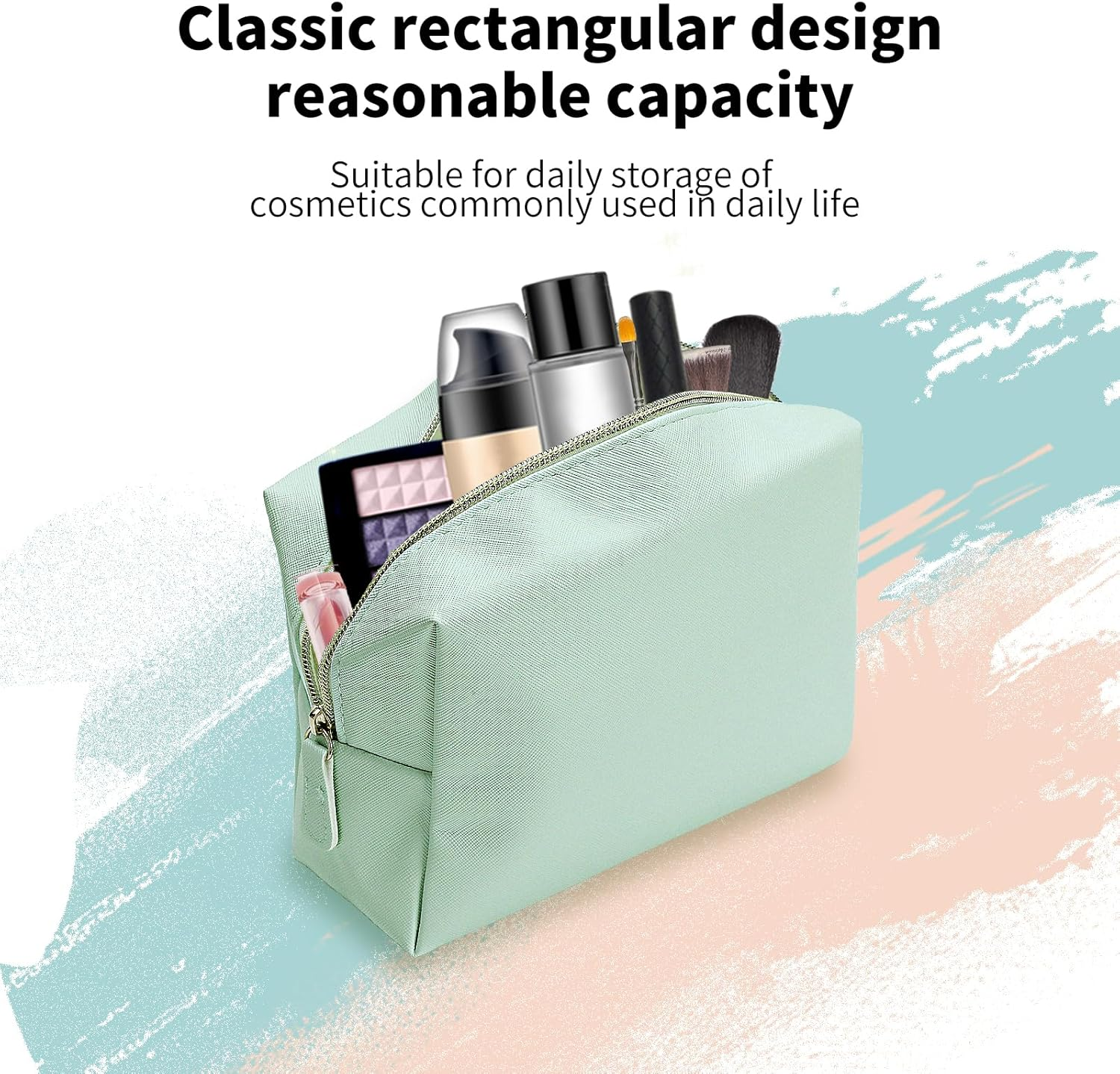 Makeup Bag Cosmetic for Women, Small Purse Pouch Waterproof PU Leather Portable Versatile Fashion Zipper, Green image number 6