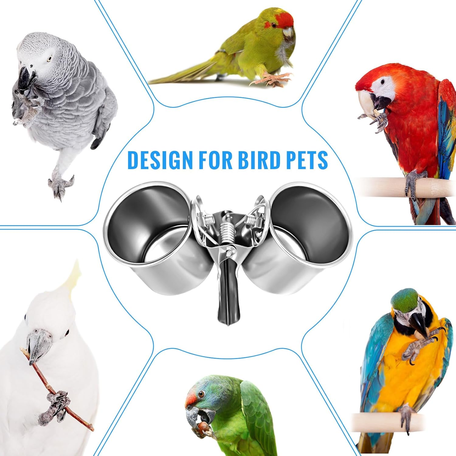 Tioncy 2 Pcs Clip on Water Bowl for Birds Parrot Feeding Double Cups Dishes Hanging Stainless Steel Food Water Bowls with Clip Pet Animal Feeder Cup Holder for Cage Coop Perches Play Stand Accessories image number 3