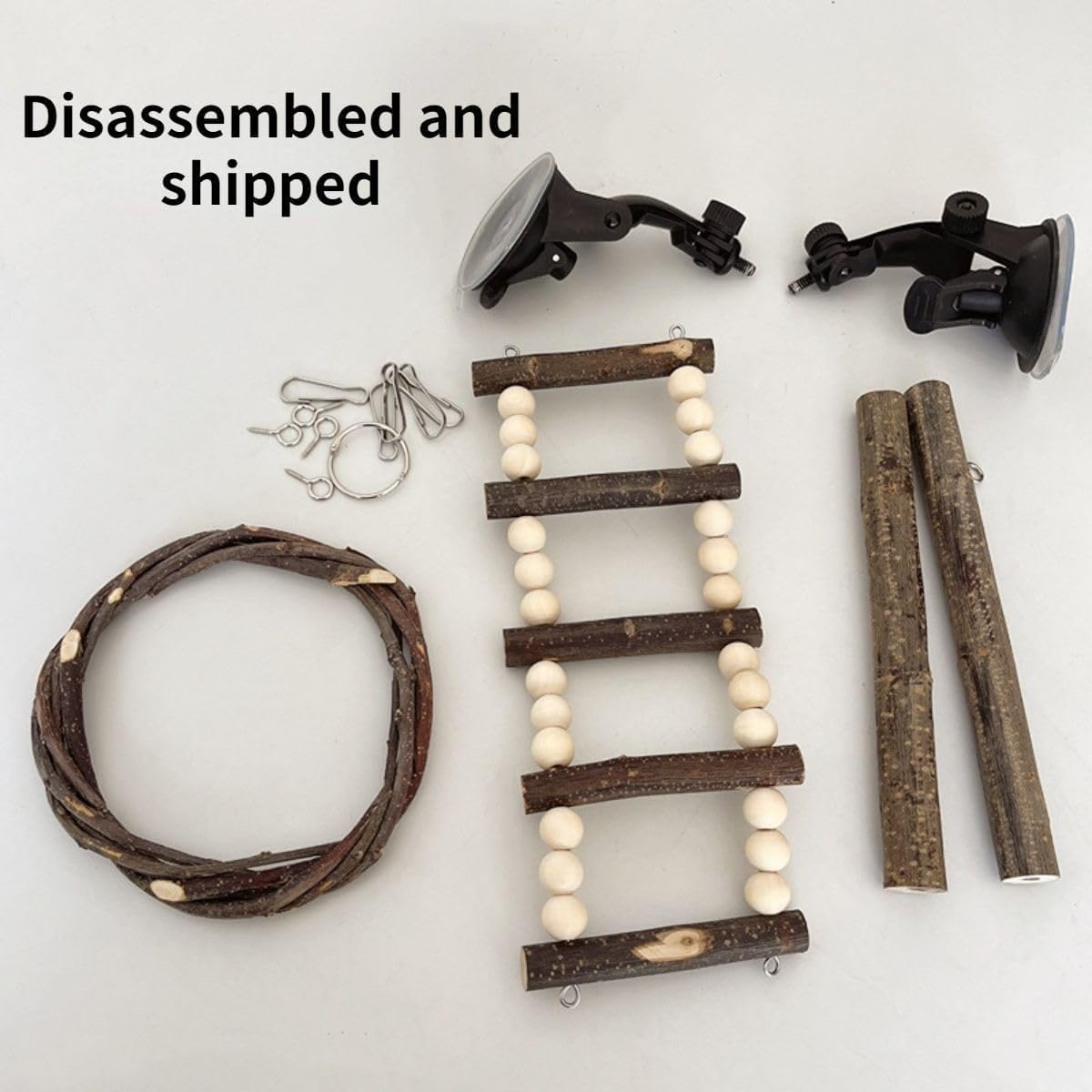 AIMALL Wooden Parrot Climbing Ladder and Swing Toy Set, Cage-Mount Interactive Bird Perch with Suction Cup or Nut Washer Fixing, Natural Log Design, 14.96X7.87 Inches