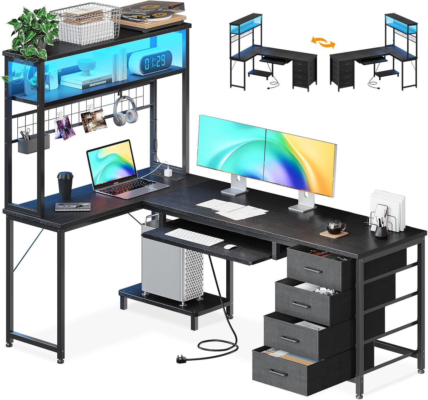 ODK 59Inch Reversible Computer Desk with Drawers,Corner Office Desk with LED Lights & Power Outlets, L Shaped Desk with Shelf & Extendable Keyboard Tray, Study PC Gaming, 149.5 * 100 * 149.5Cm, Black