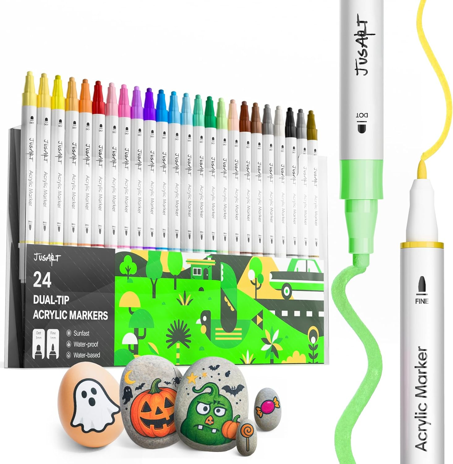 Jusart 48 Colors Dual Tip Acrylic Paint Markers, Acrylic Paint Pens with Dot and Fine Tip for Rock, Fabric, Wood, Glass, Ceramic, Canvas - Vibrant Art Supplies Beginners & Artists