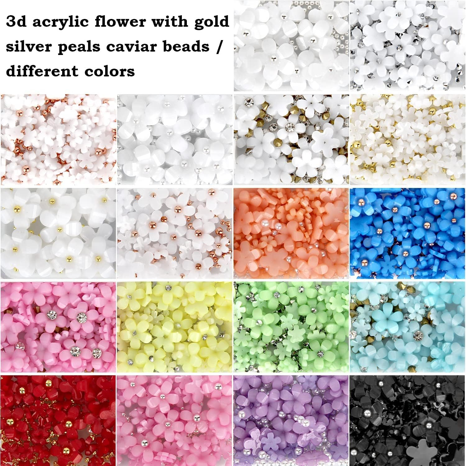 3D Flower Nail Charms, 3 Boxes 3D Acrylic Flower Nail Art Rhinestones with Gold Silver Pearl Beads Tweezers Included Spring Blossom Petal for DIY Nail Decorations image number 1