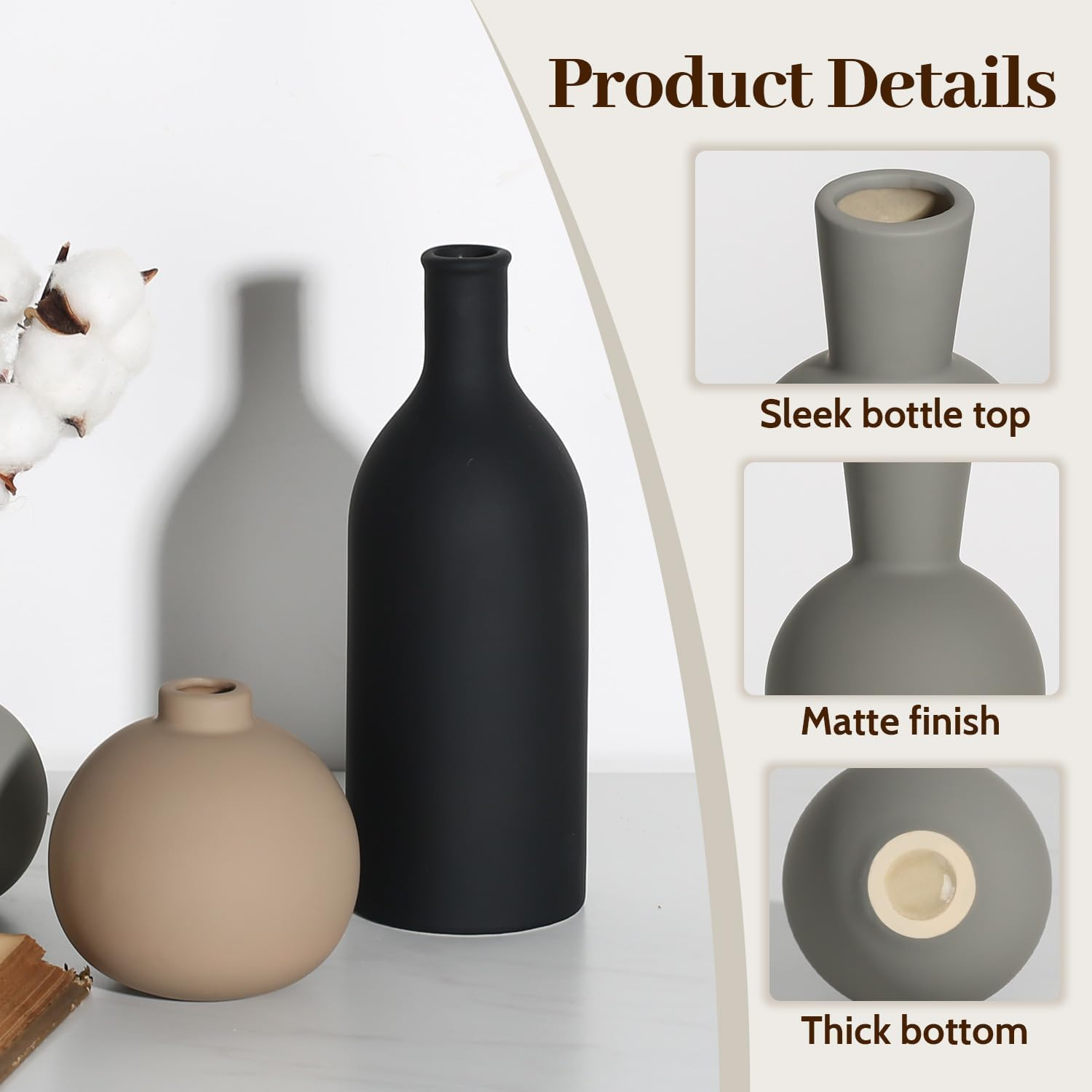 Ceramic Vase - Handmade Pottery Neutral Tone Home Decor for Floral Arrangements, Table Mantel Tray Decor - Modern Farmhouse Vases for Living Room Bedroom Kitchen Entryway (Multicolor- 3 PCS) (Black) image number 4