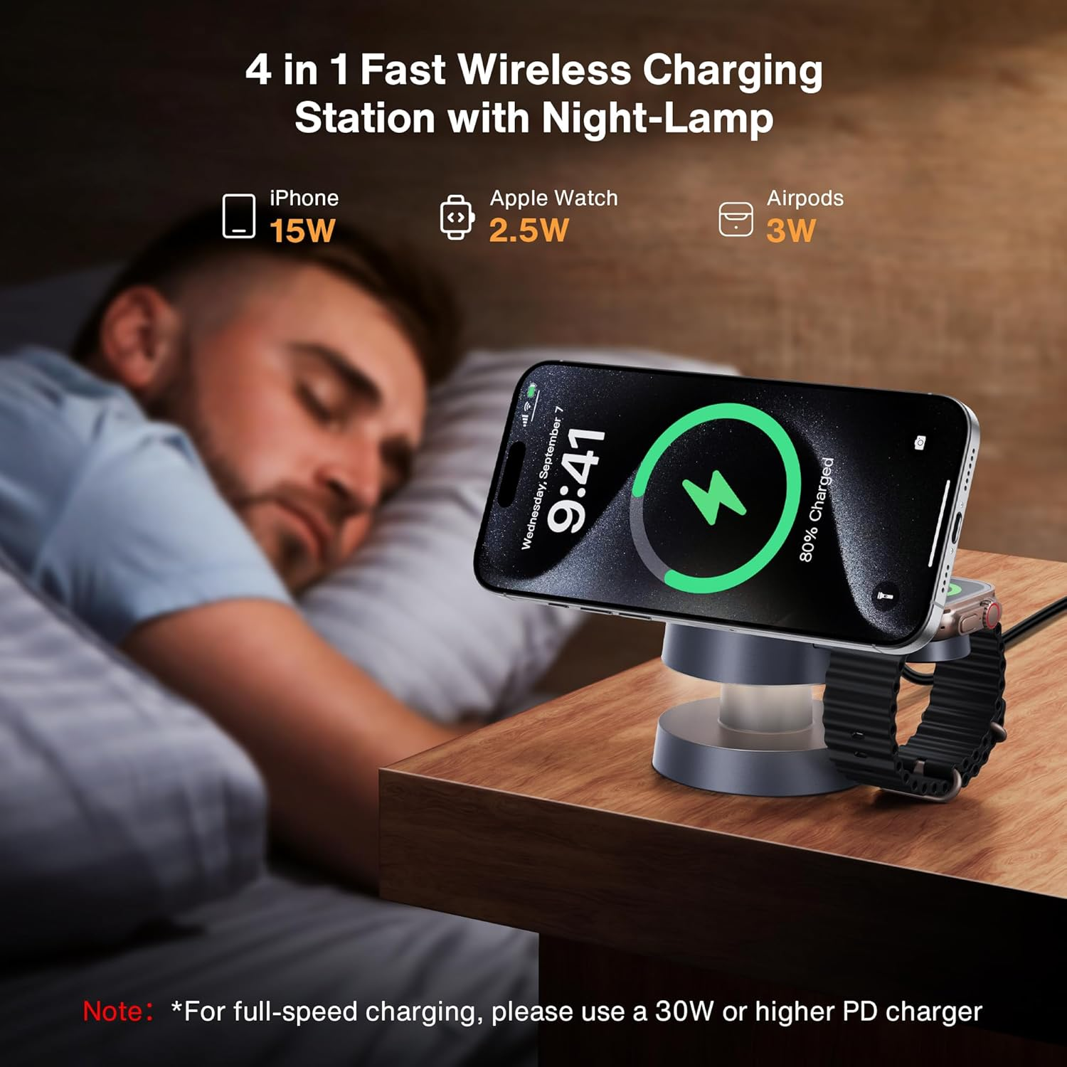 Ivanky for Iphone 16 Pro Max 4 in 1 Wireless Charging Station Cube with Night-Lamp for Magsafe Magnetic Charger, 22.5 W Travel Stand, 3 in 1 Fast Charge for Apple Iwatch Ultra, Airpods（Midnight Blue） image number 3