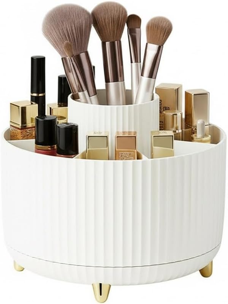 Spinning Makeup Brush Holder, 360&deg; Rotating Makeup Brush Organizer with 5 Slots, Large Capacity Cosmetic Storage Cup for Makeup Brushes, Lipsticks, Nail Polish, Bathroom Vanity Organizer(Pure White) image number 6