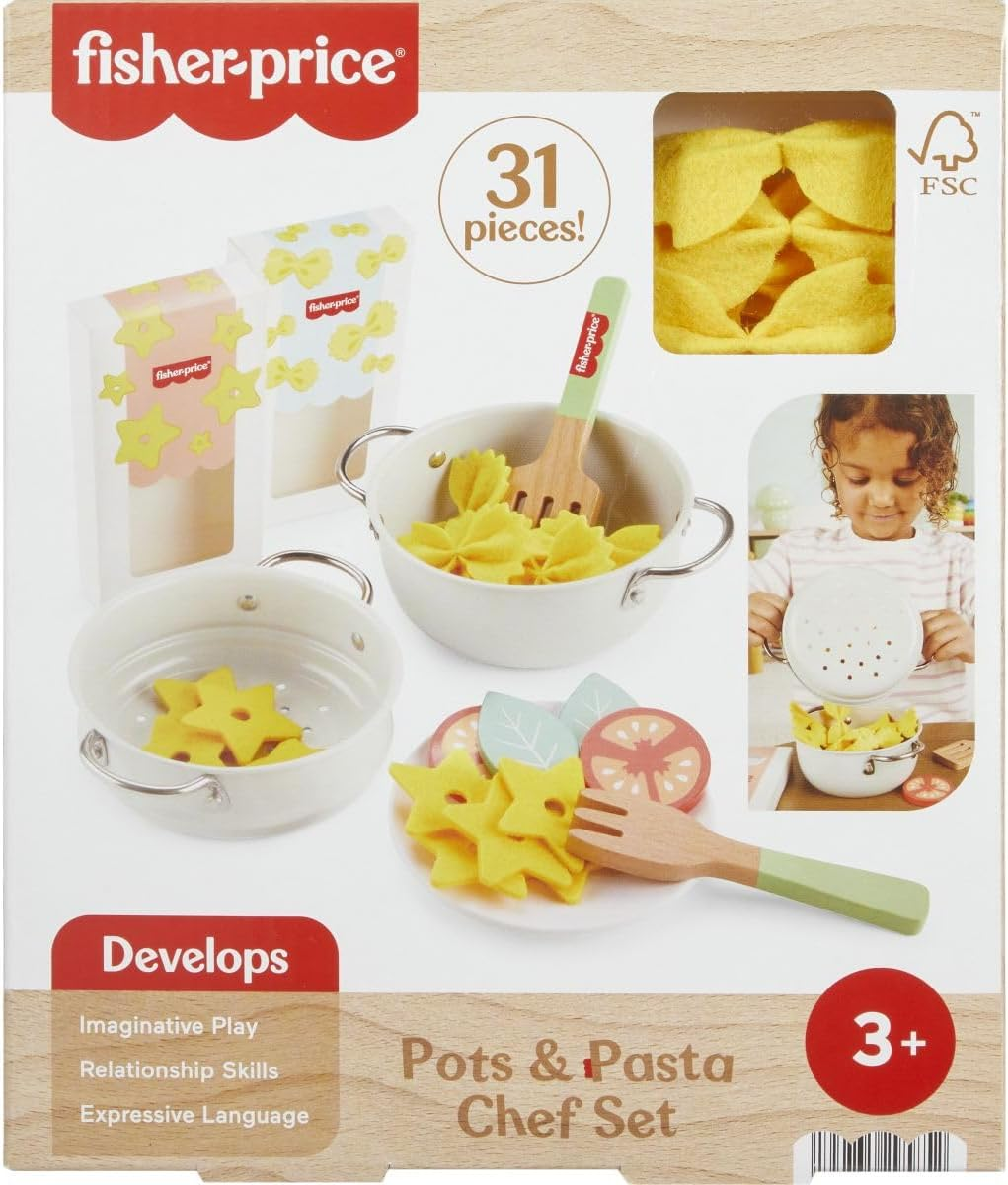 Fisher-Price Wood Pretend Cooking Set, Pots & Pasta Chef, 31 Pieces Play Food & Wooden Utensils for Preschool Kids Ages 3+ Years image number 4